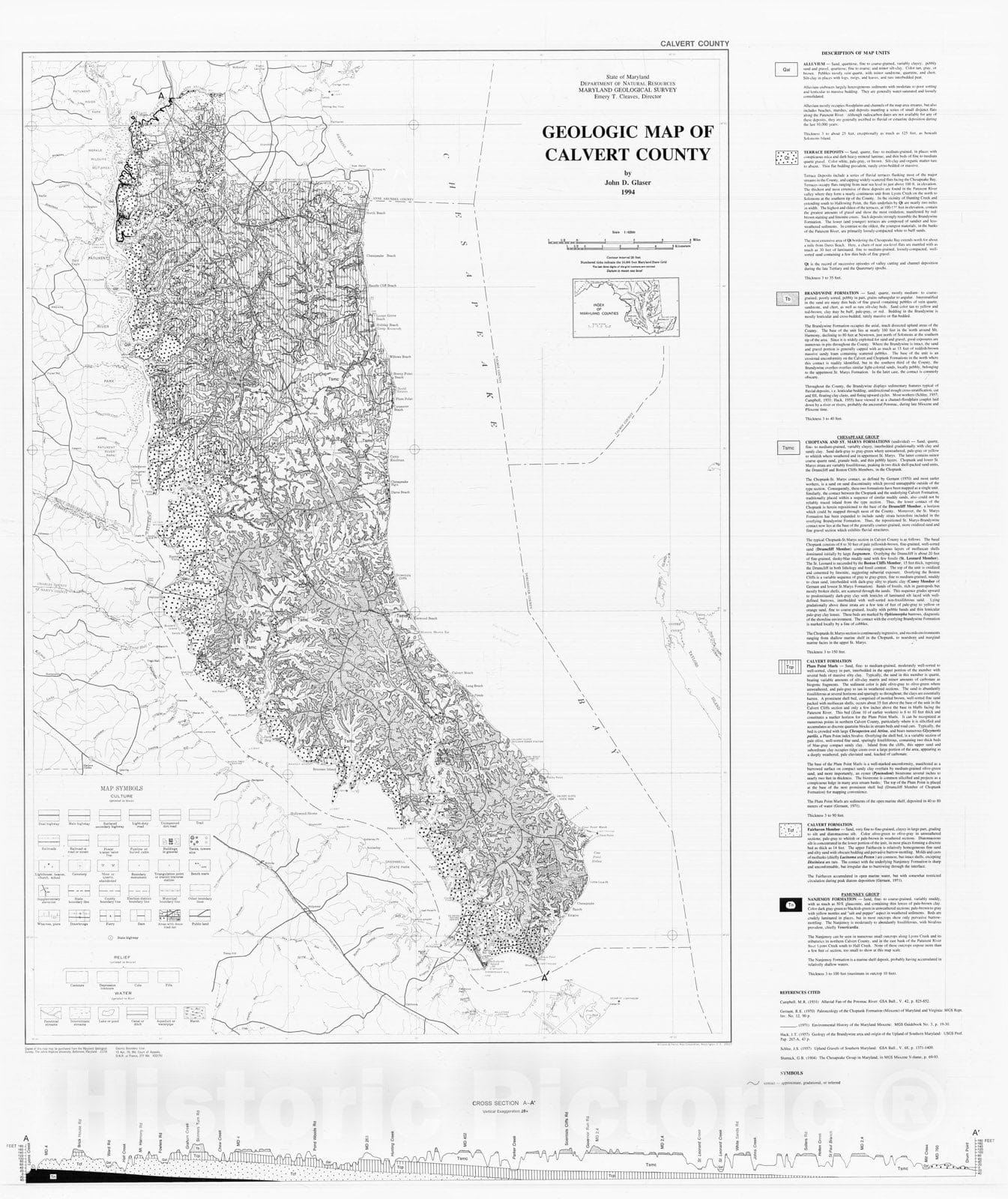 Map : Geologic map of Calvert County, 1994 Cartography Wall Art :
