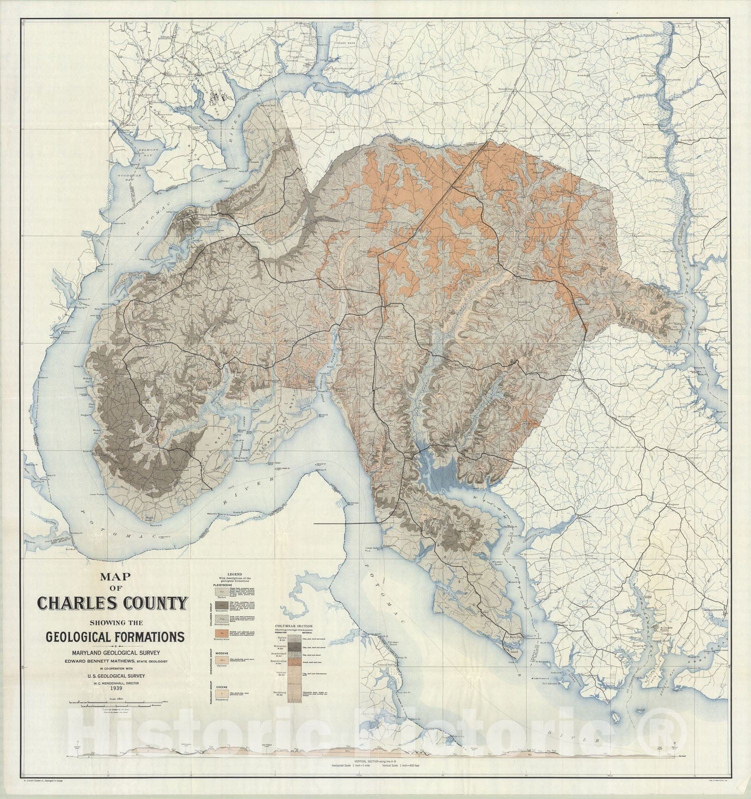 Map : Map of Charles County showing the geological formations, 1939 Cartography Wall Art :