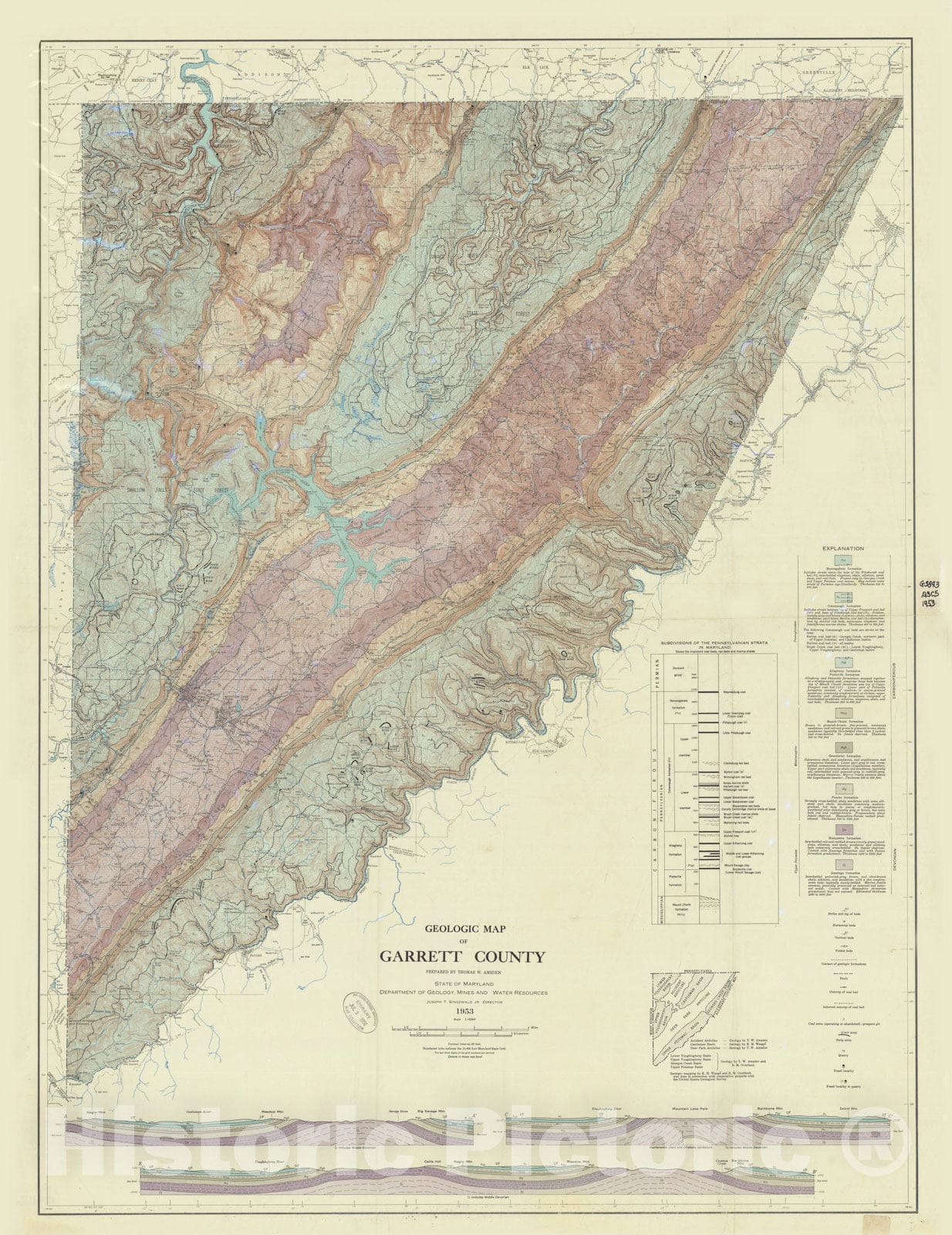 Map : Geologic map of Garrett County, 1953 Cartography Wall Art :