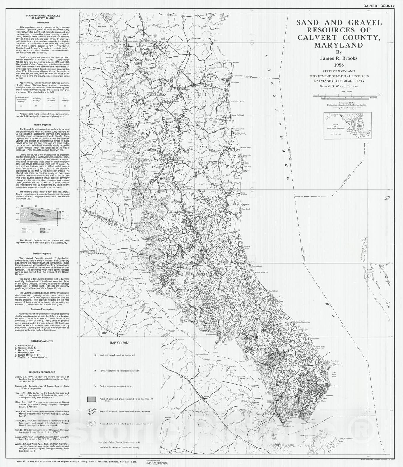 Map : Sand and gravel resources and mined land inventory of Calvert County, Maryland, 1986 Cartography Wall Art :