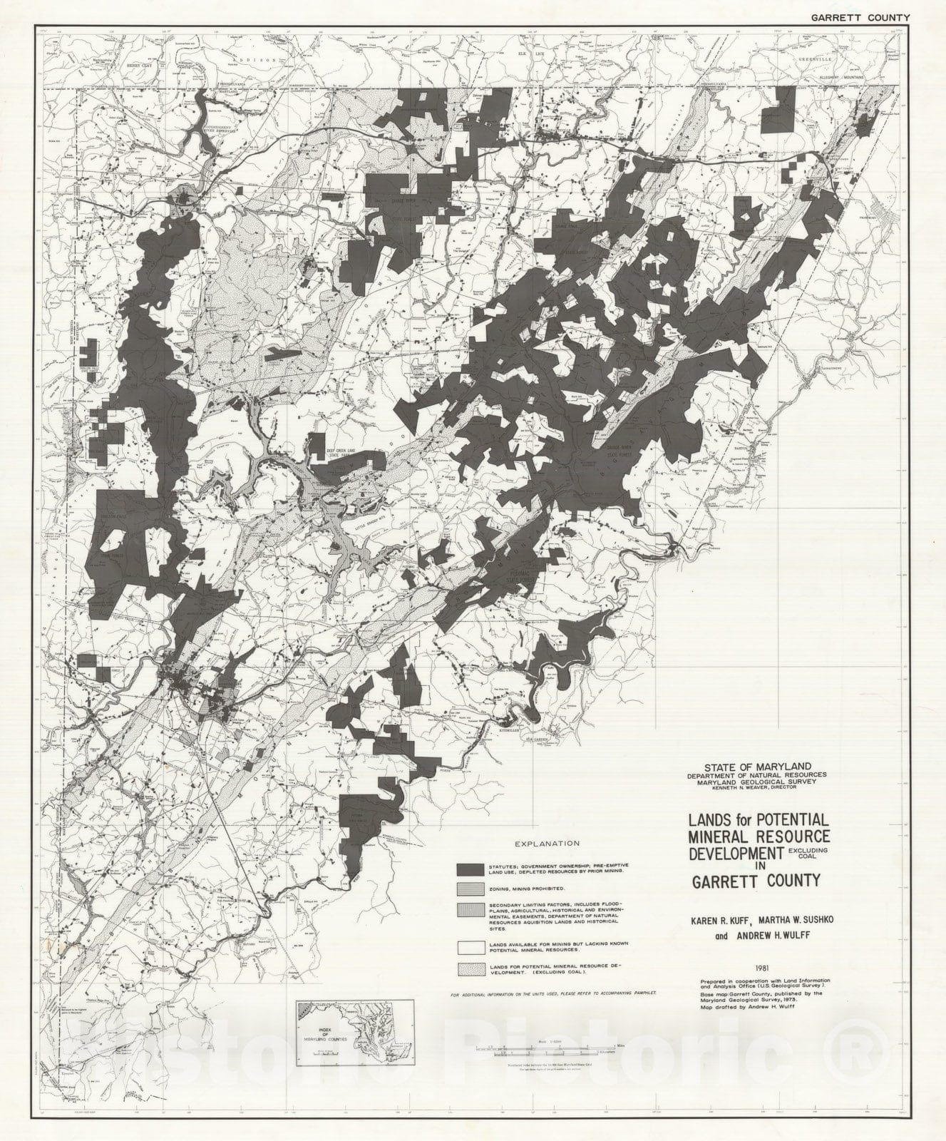 Map : Lands for Potential Mineral Resource Development (excluding coal) in Garrett County, 1981 Cartography Wall Art :