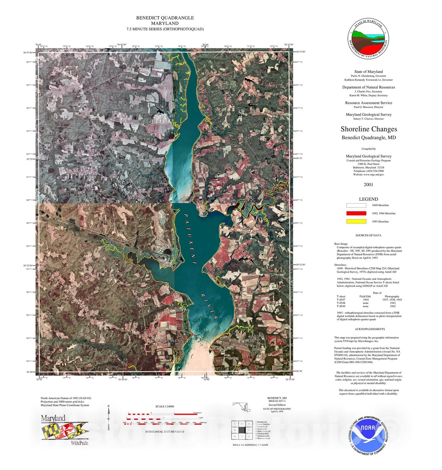 Map : Shoreline changes -- Benedict quadrangle, MD, 1994 Cartography Wall Art :