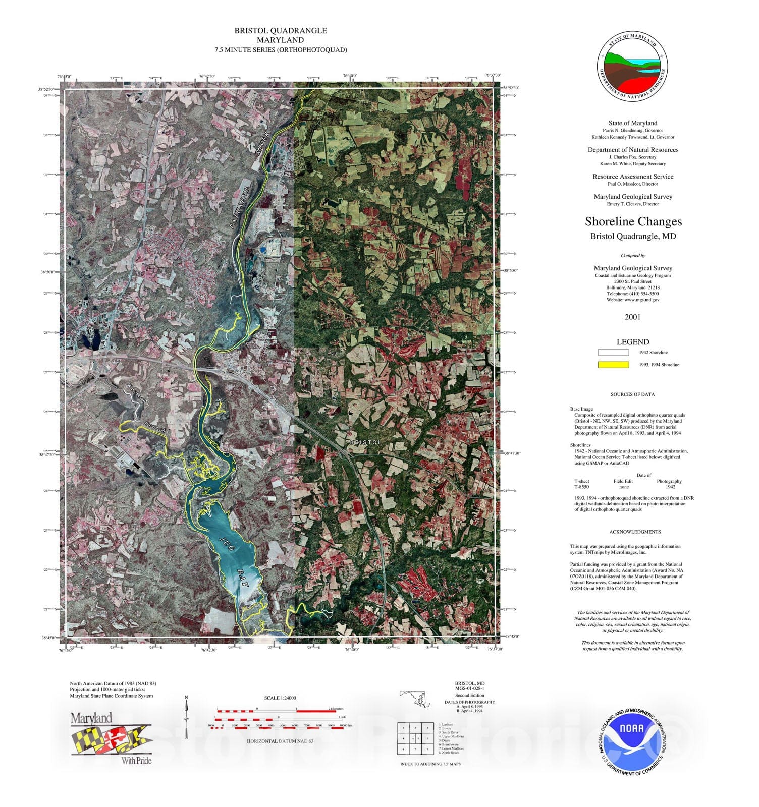 Map : Shoreline changes -- Bristol quadrangle, MD, 1994 Cartography Wall Art :
