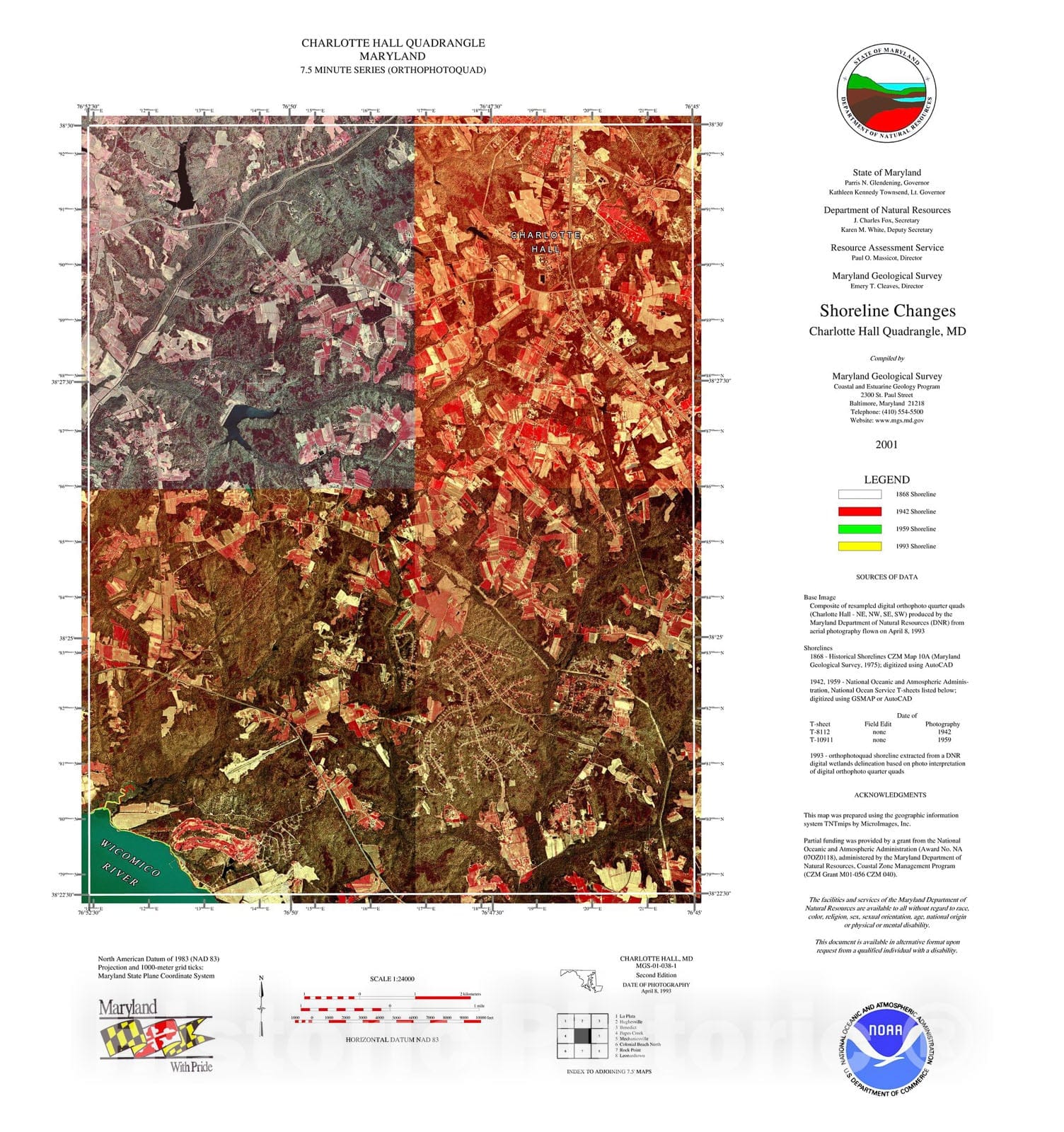 Map : Shoreline changes -- Charlotte Hall quadrangle, MD, 1994 Cartography Wall Art :