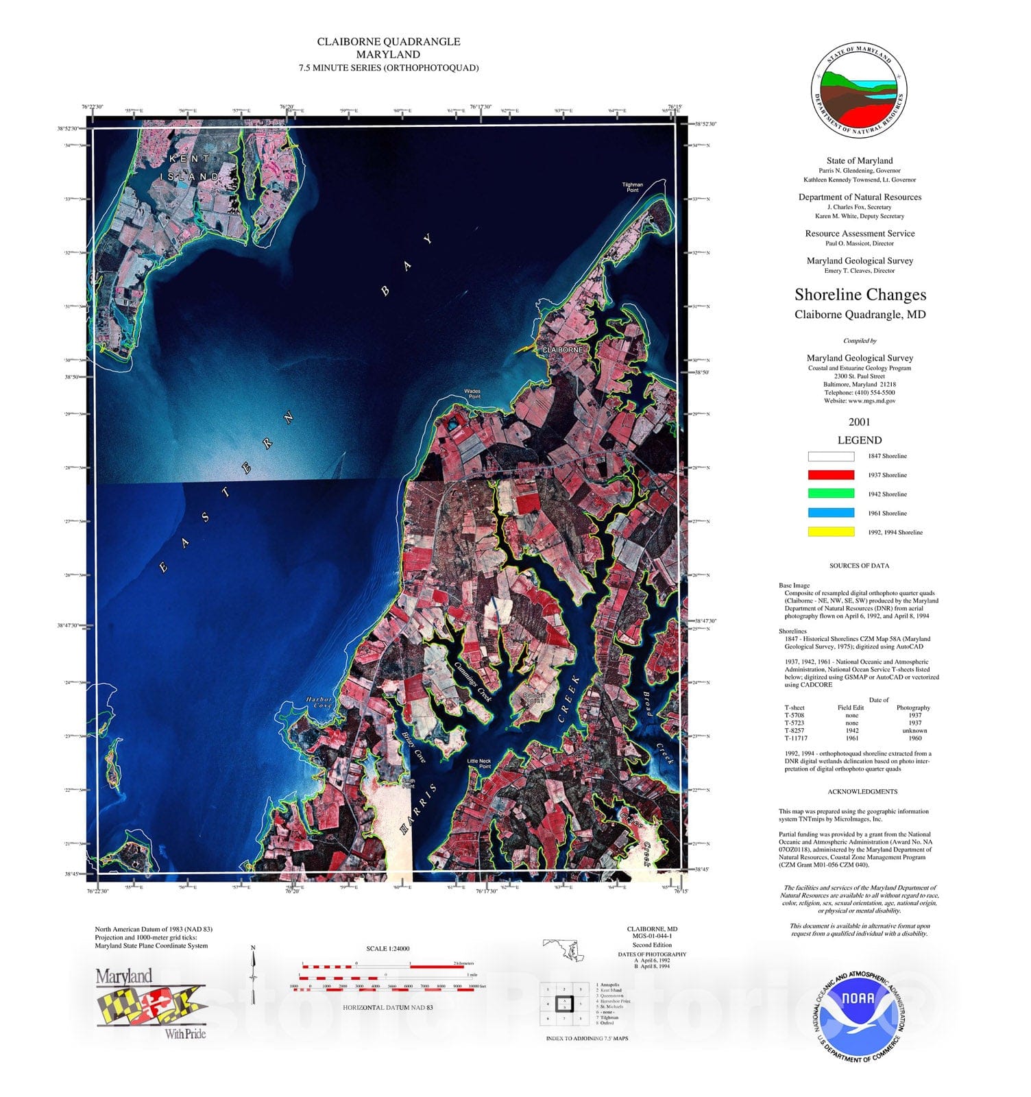 Map : Shoreline changes -- Claiborne quadrangle, MD, 1997 Cartography Wall Art :