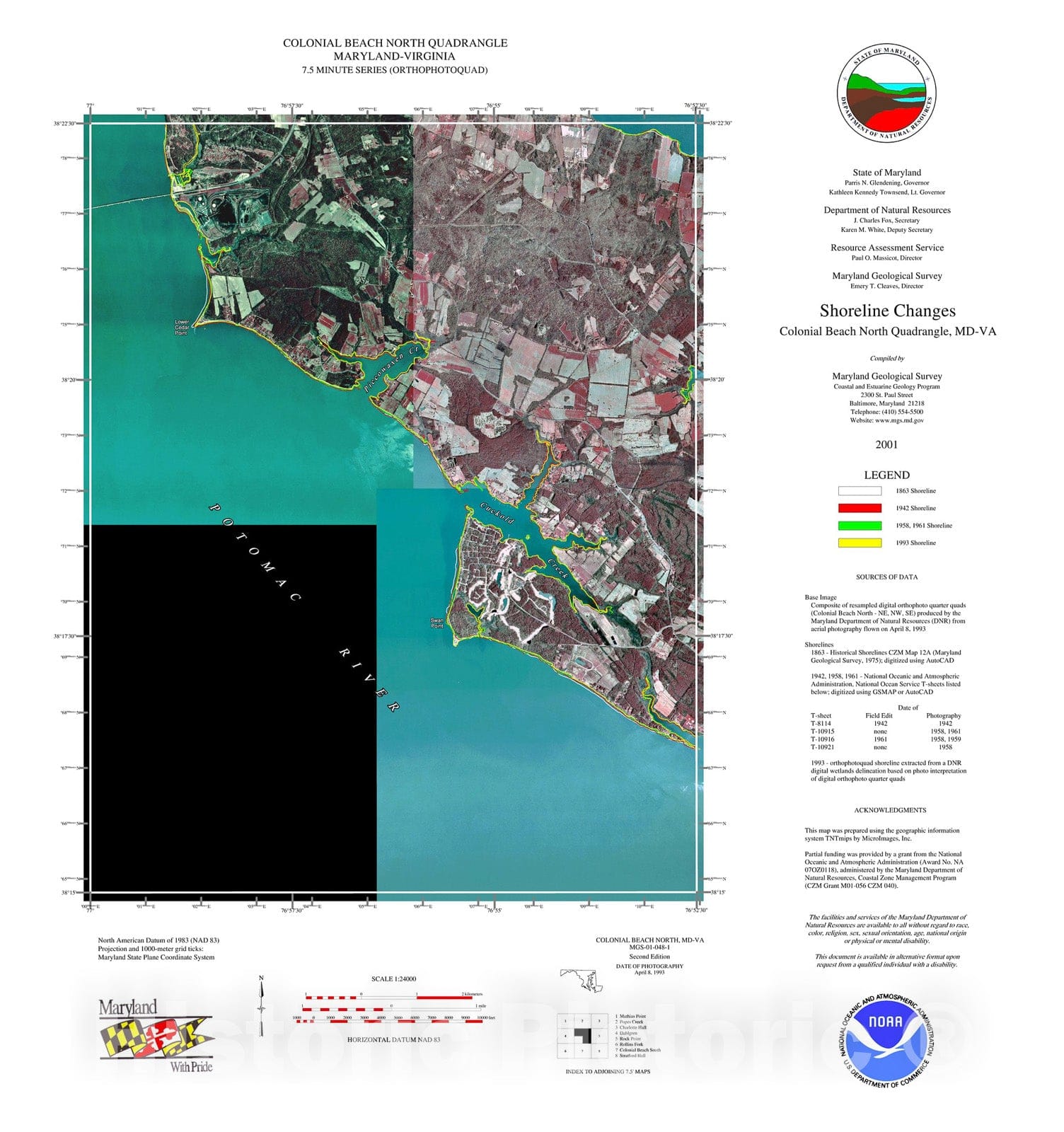 Map : Shoreline changes -- Colonial Beach North quadrangle, VA-MD, 1994 Cartography Wall Art :