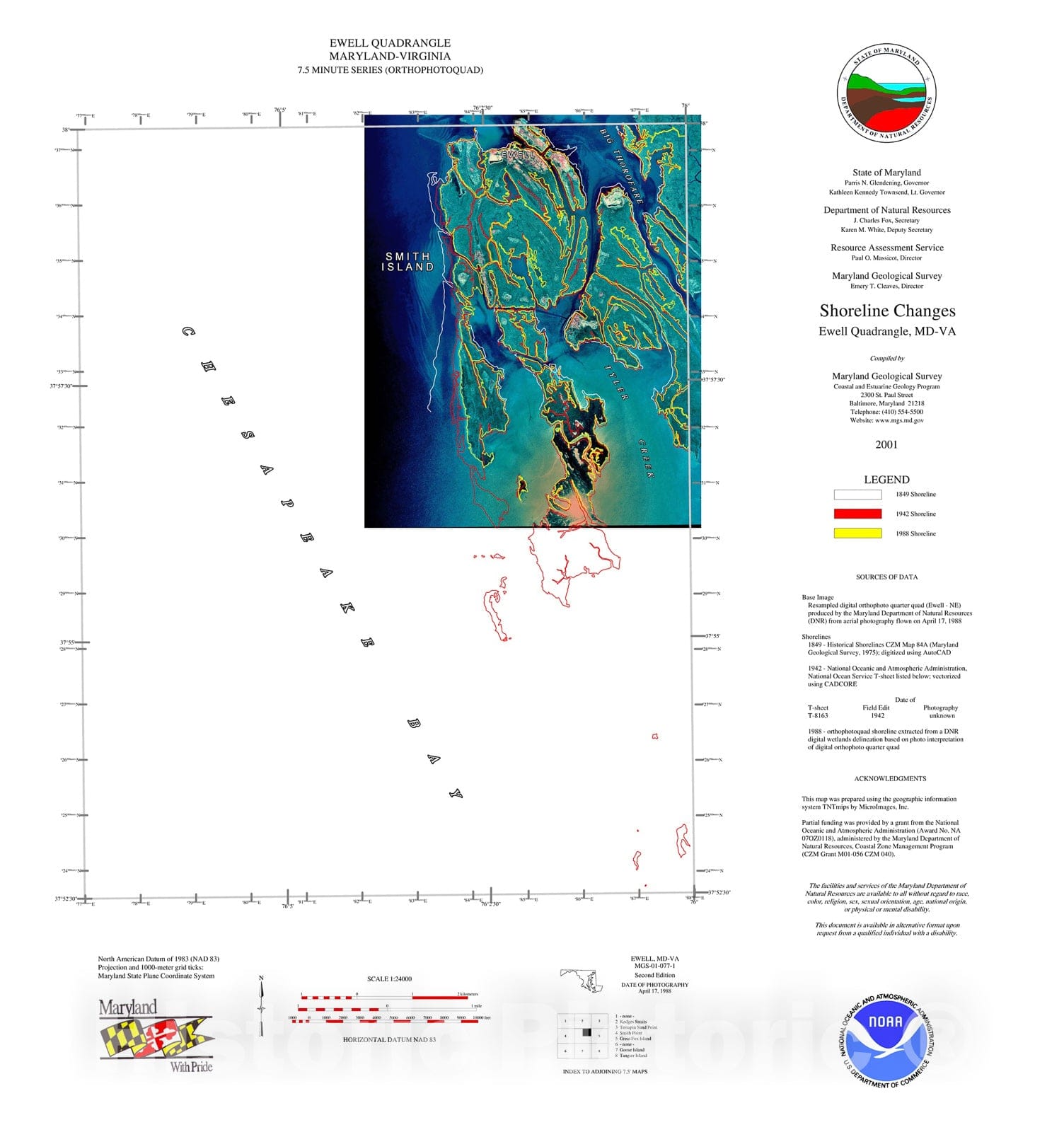 Map : Shoreline changes -- Ewell quadrangle, MD-VA, 1997 Cartography Wall Art :