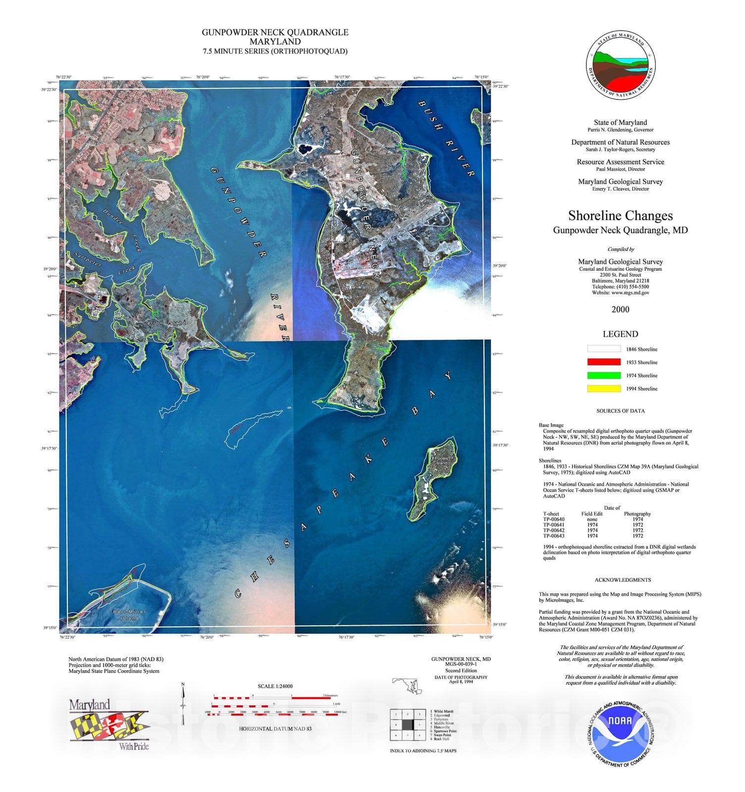 Map : Shoreline changes -- Gunpowder Neck quadrangle, MD, 1994 Cartography Wall Art :