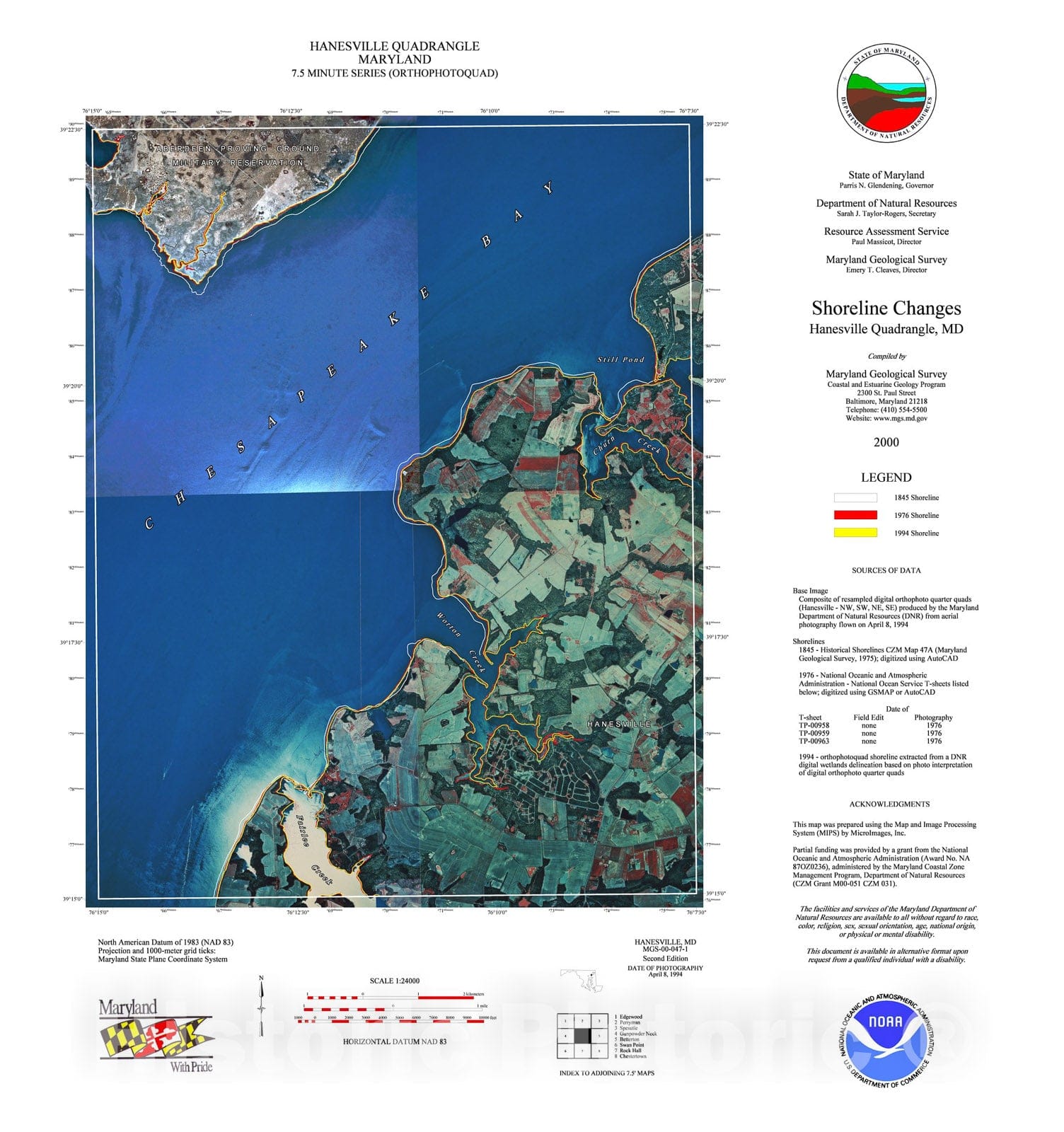 Map : Shoreline changes -- Hanesville quadrangle, MD, 1994 Cartography Wall Art :