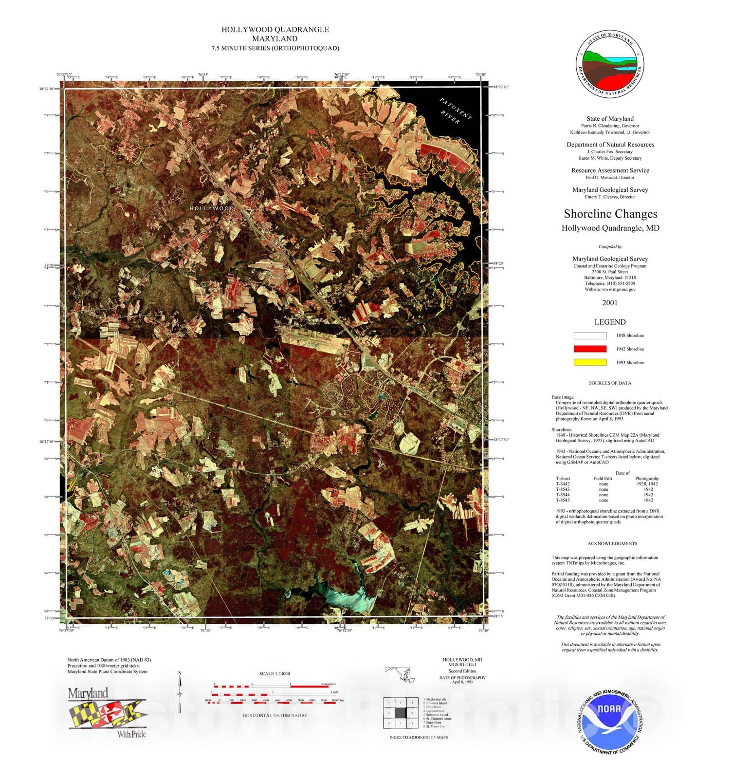 Map : Shoreline changes -- Hollywood quadrangle, MD, 1994 Cartography Wall Art :