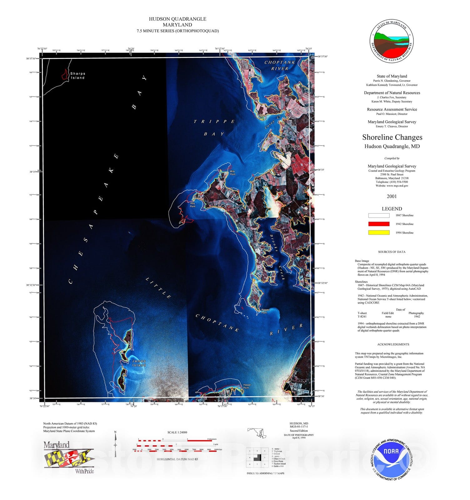 Map : Shoreline changes -- Hudson quadrangle, MD, 1997 Cartography Wall Art :