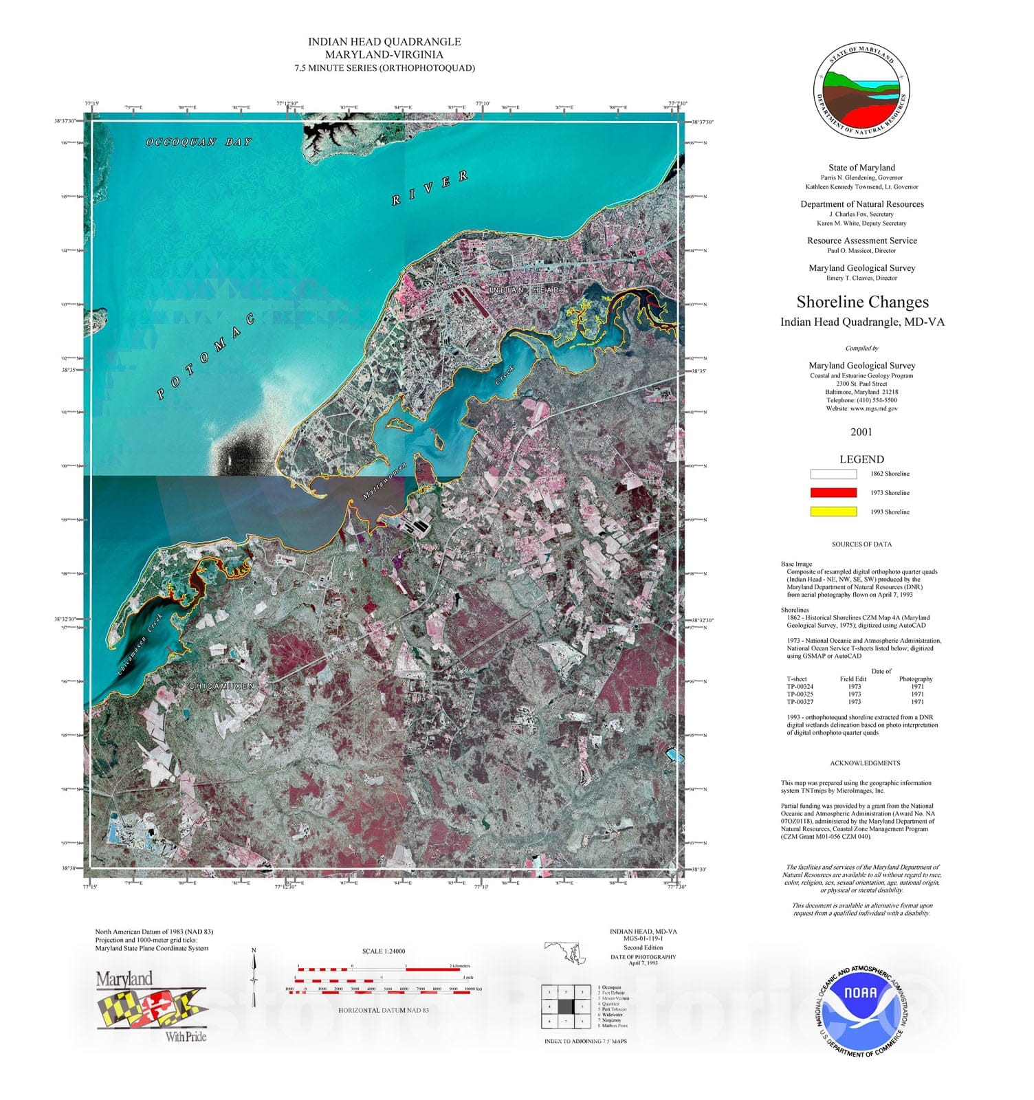 Map : Shoreline changes -- Indian Head quadrangle, MD-VA, 1994 Cartography Wall Art :