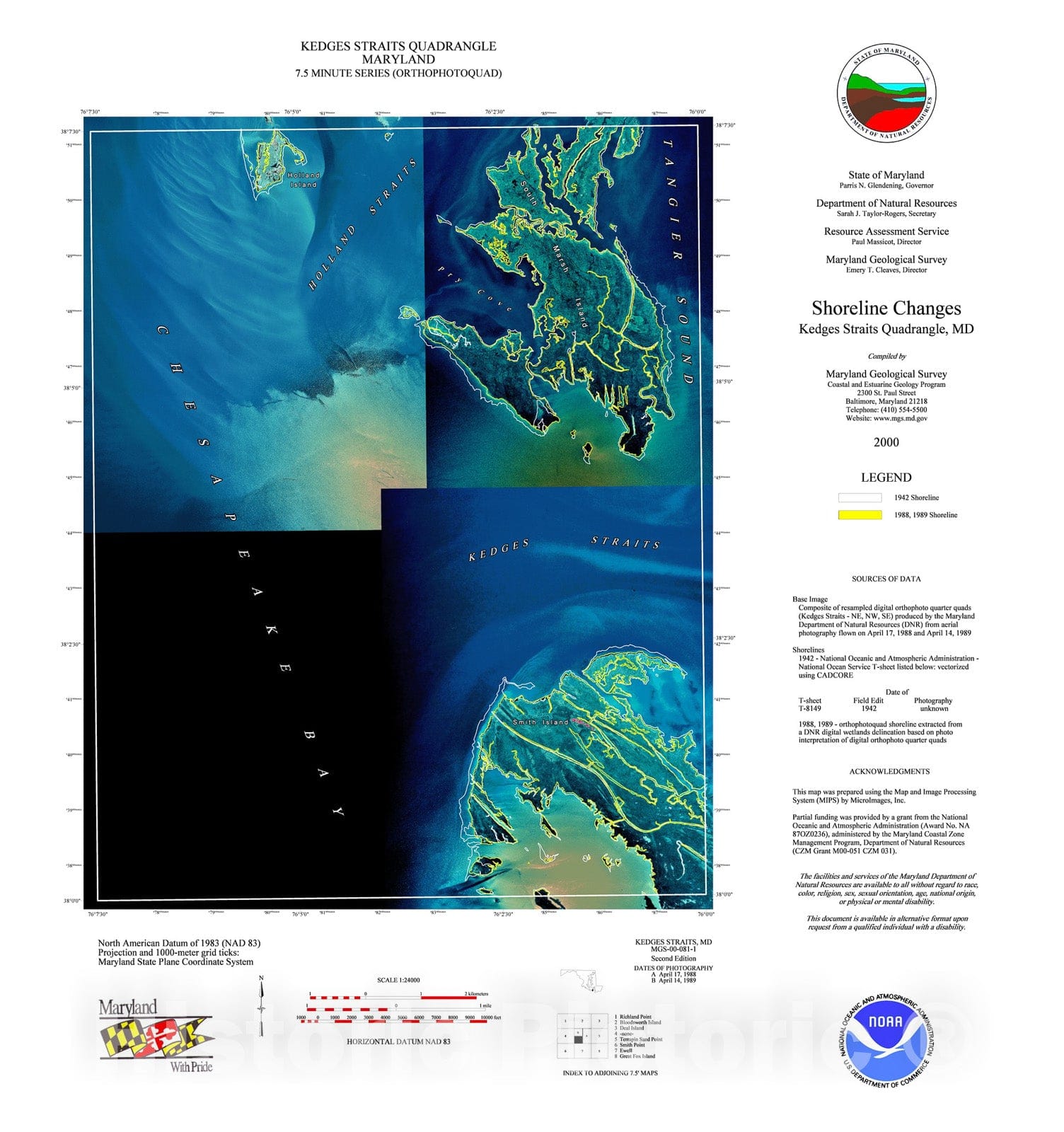 Map : Shoreline changes -- Kedges Straights quadrangle, MD, 1997 Cartography Wall Art :