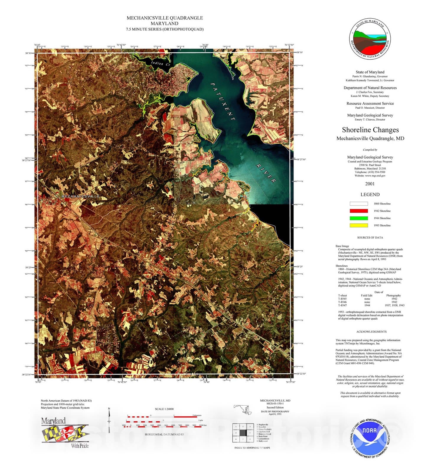 Map : Shoreline changes -- Mechanicsville quadrangle, MD, 1994 Cartography Wall Art :
