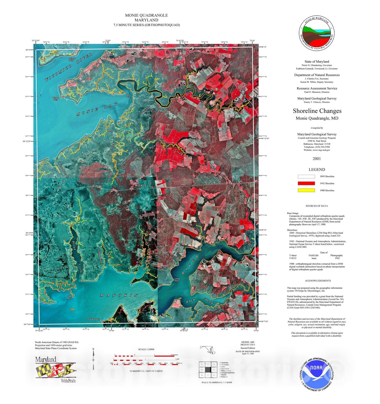 Map : Shoreline changes -- Monie quadrangle, MD, 1997 Cartography Wall Art :