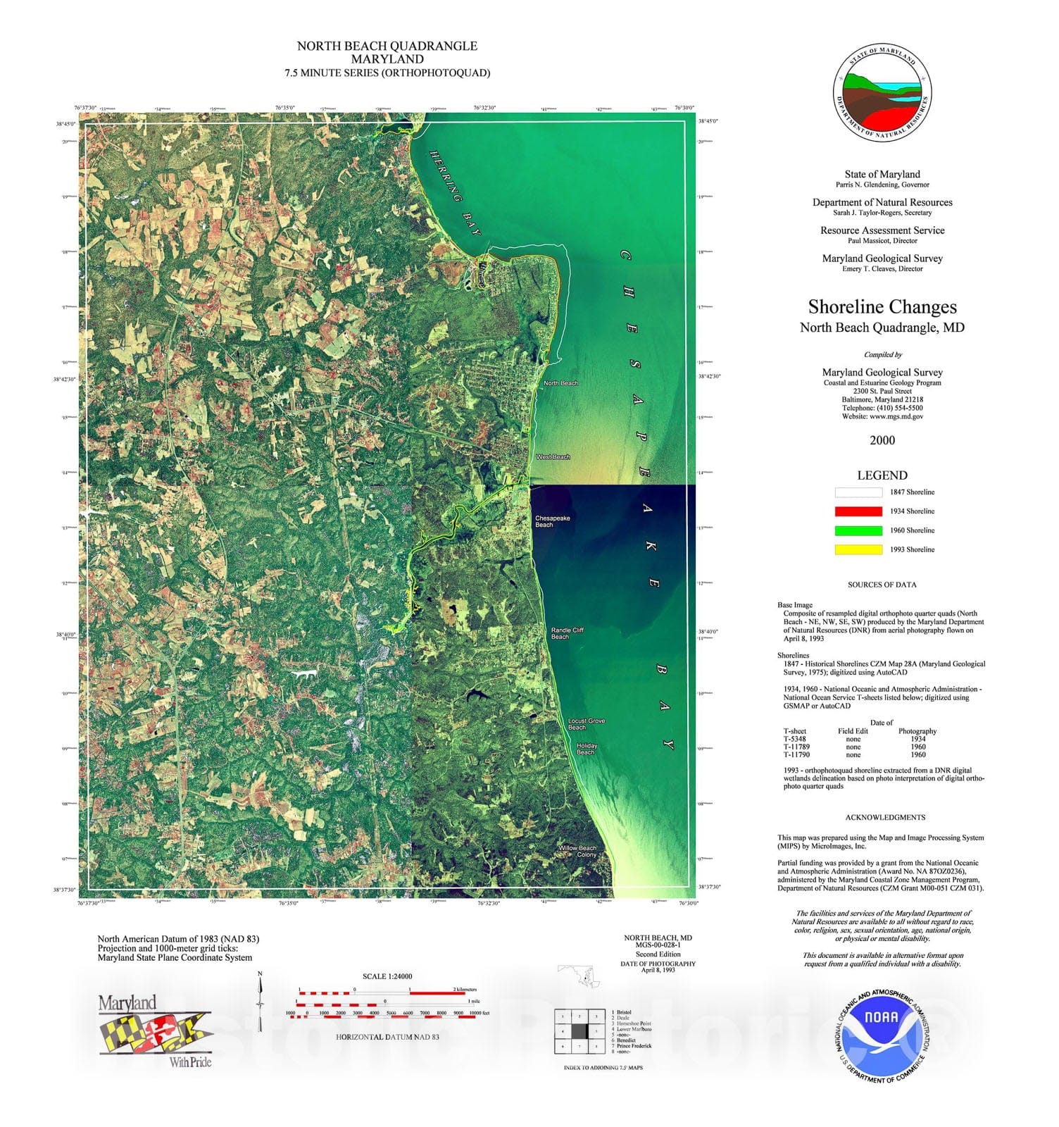 Map : Shoreline changes -- North Beach quadrangle, MD, 1994 Cartography Wall Art :