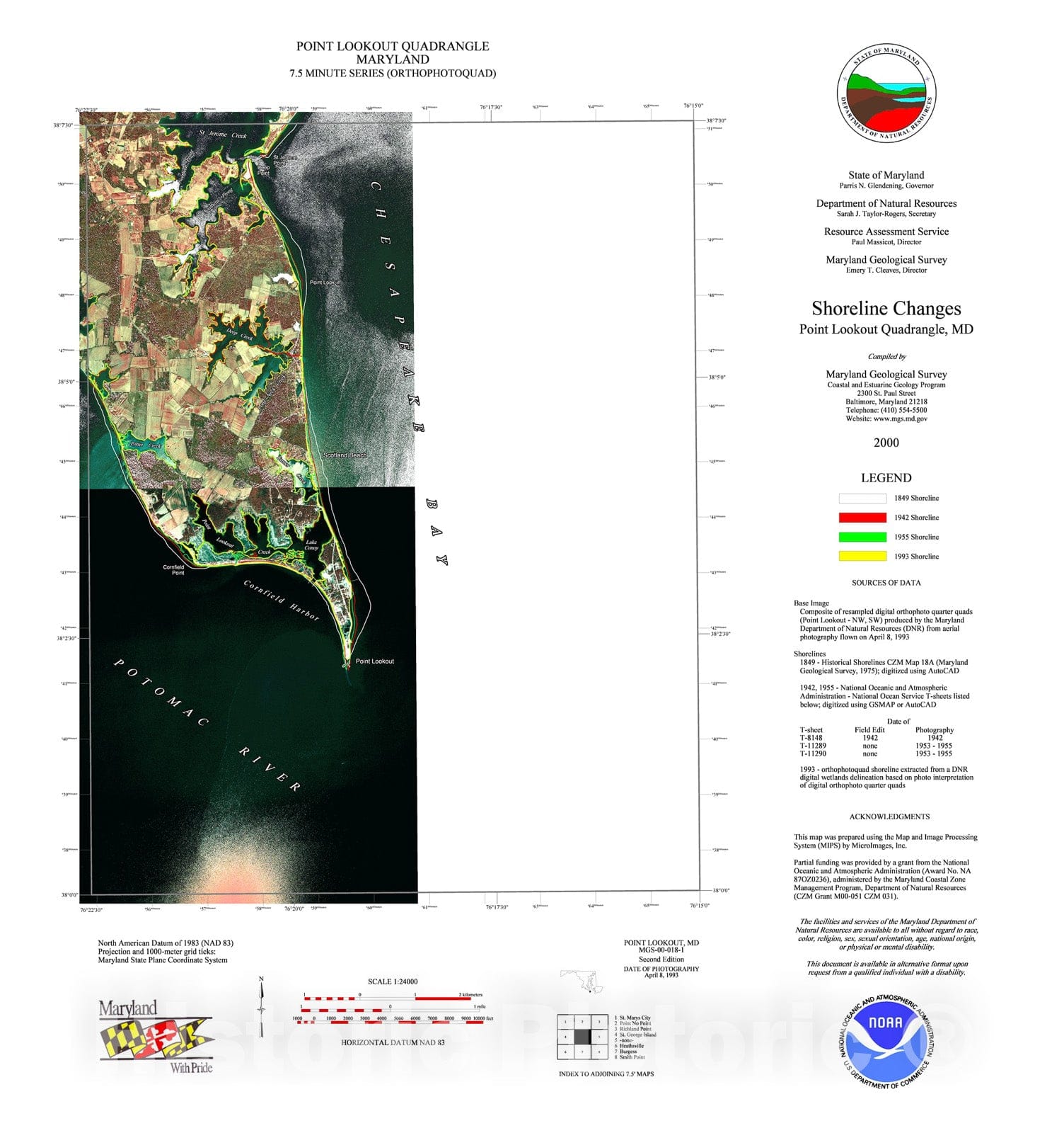 Map : Shoreline changes -- Point Lookout quadrangle, MD, 1994 Cartography Wall Art :