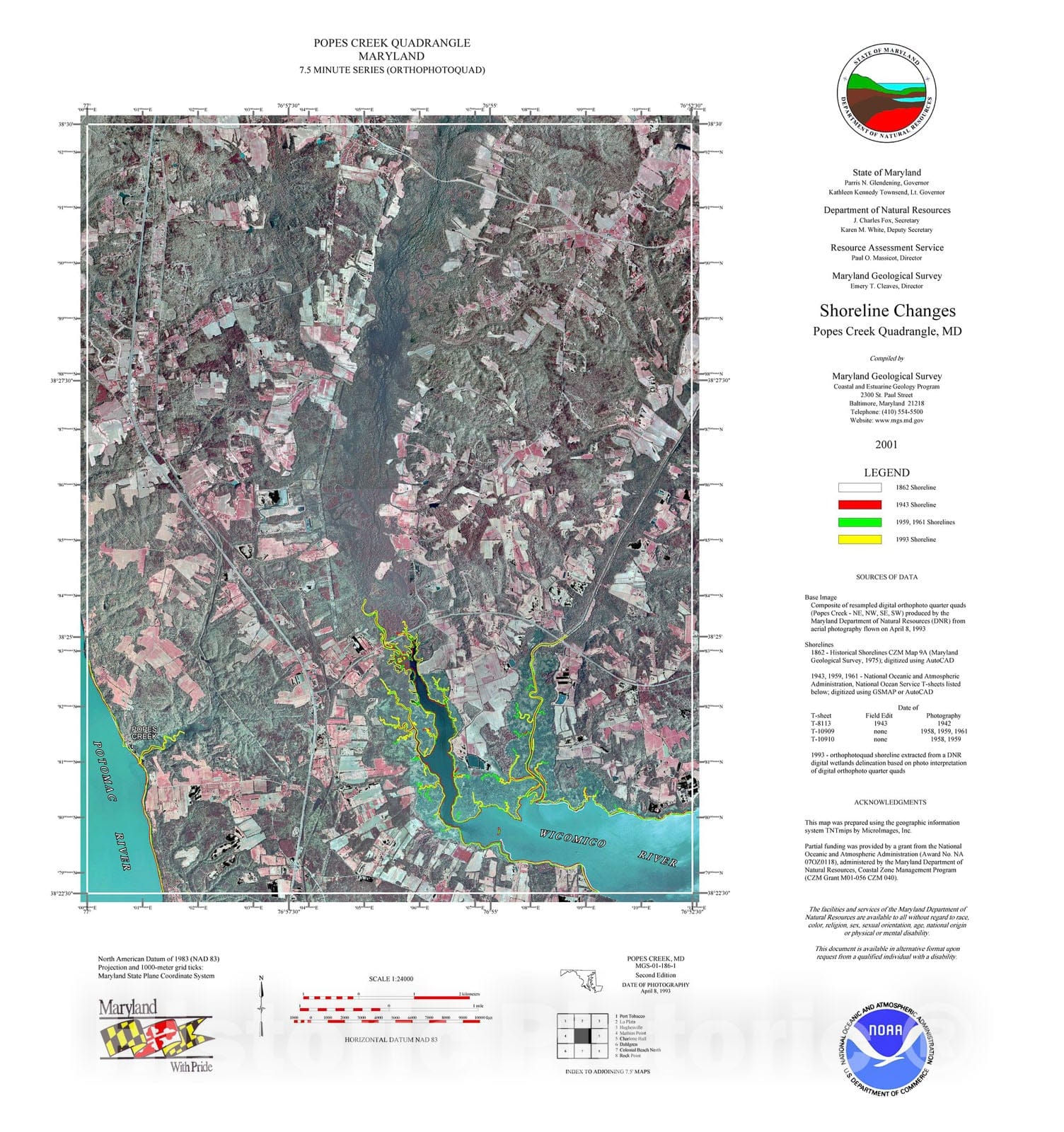 Map : Shoreline changes -- Popes Creek quadrangle, MD, 1994 Cartography Wall Art :