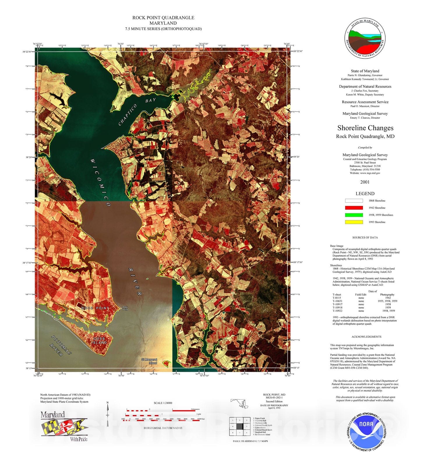Map : Shoreline changes -- Rock Point quadrangle, MD, 1994 Cartography Wall Art :