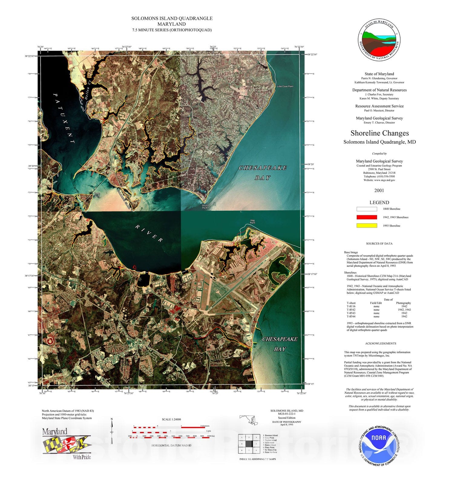 Map : Shoreline changes -- Solomons Island quadrangle, MD, 1994 Cartography Wall Art :