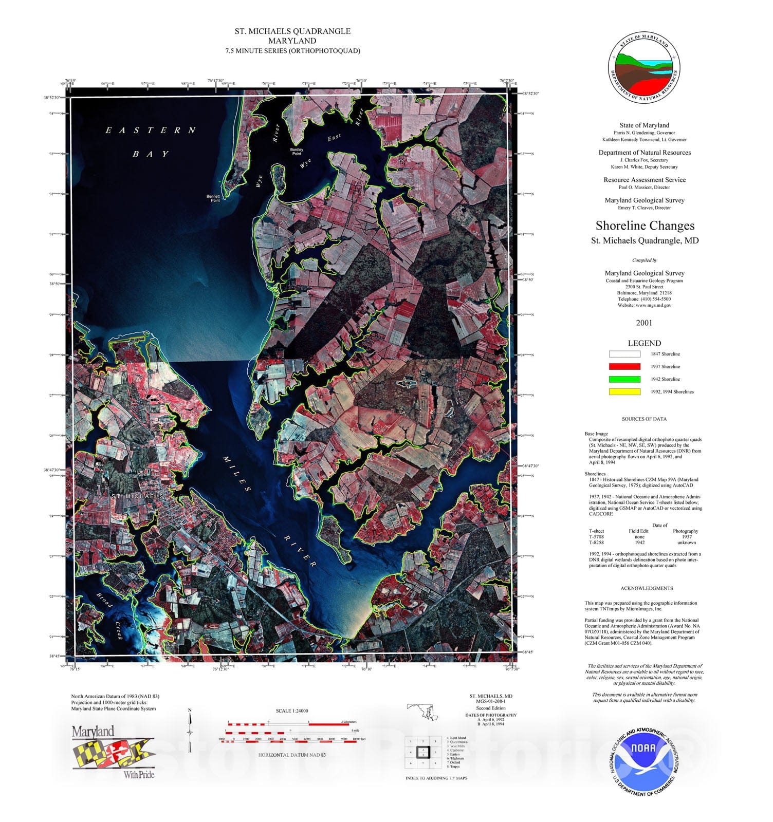 Map : Shoreline changes --  St. Michaels quadrangle, MD, 1997 Cartography Wall Art :