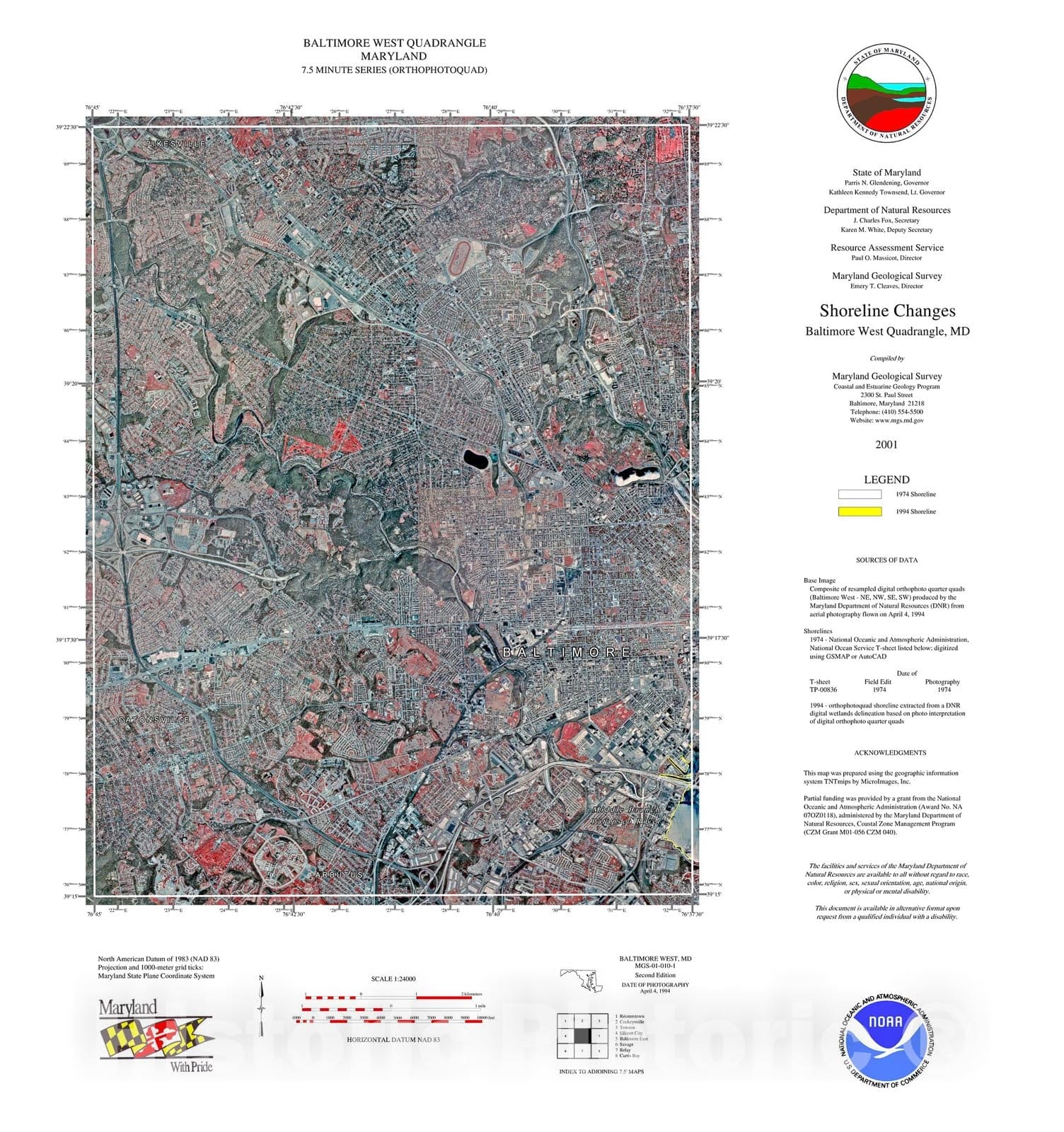 Map : Shoreline changes -- Baltimore West quadrangle, MD, 1994 Cartography Wall Art :