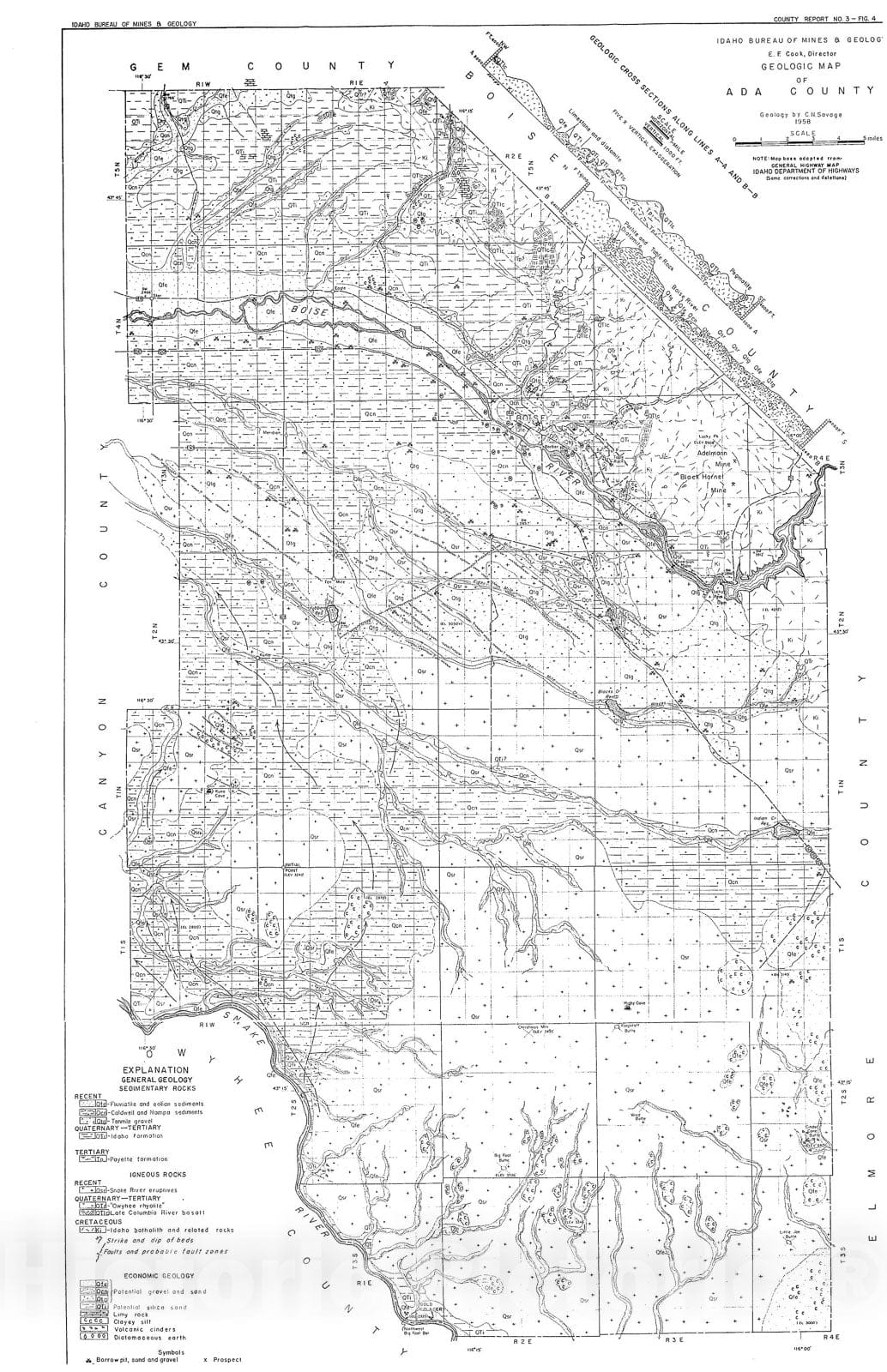 Map : Geology and mineral resources of Ada and Canyon counties, 1958 Cartography Wall Art :