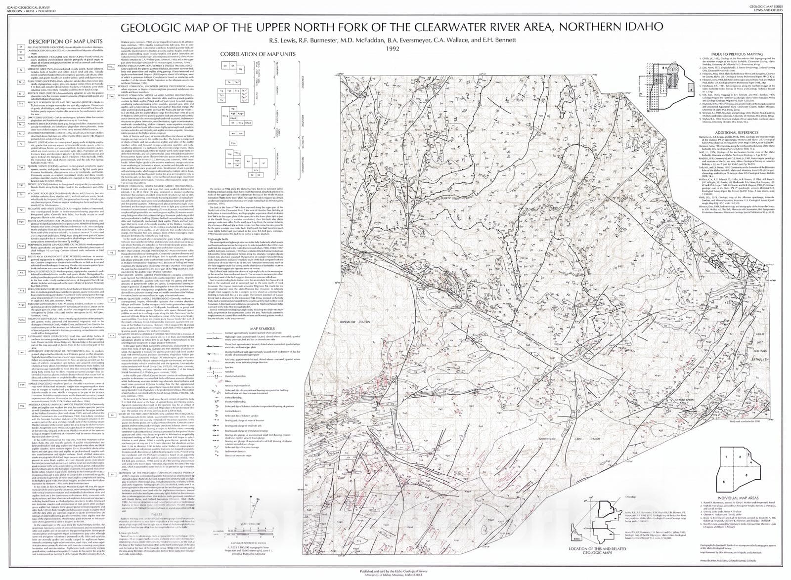 Map : Geologic map of the Upper North Fork of the Clearwater River area, northern Idaho, 1992 Cartography Wall Art :