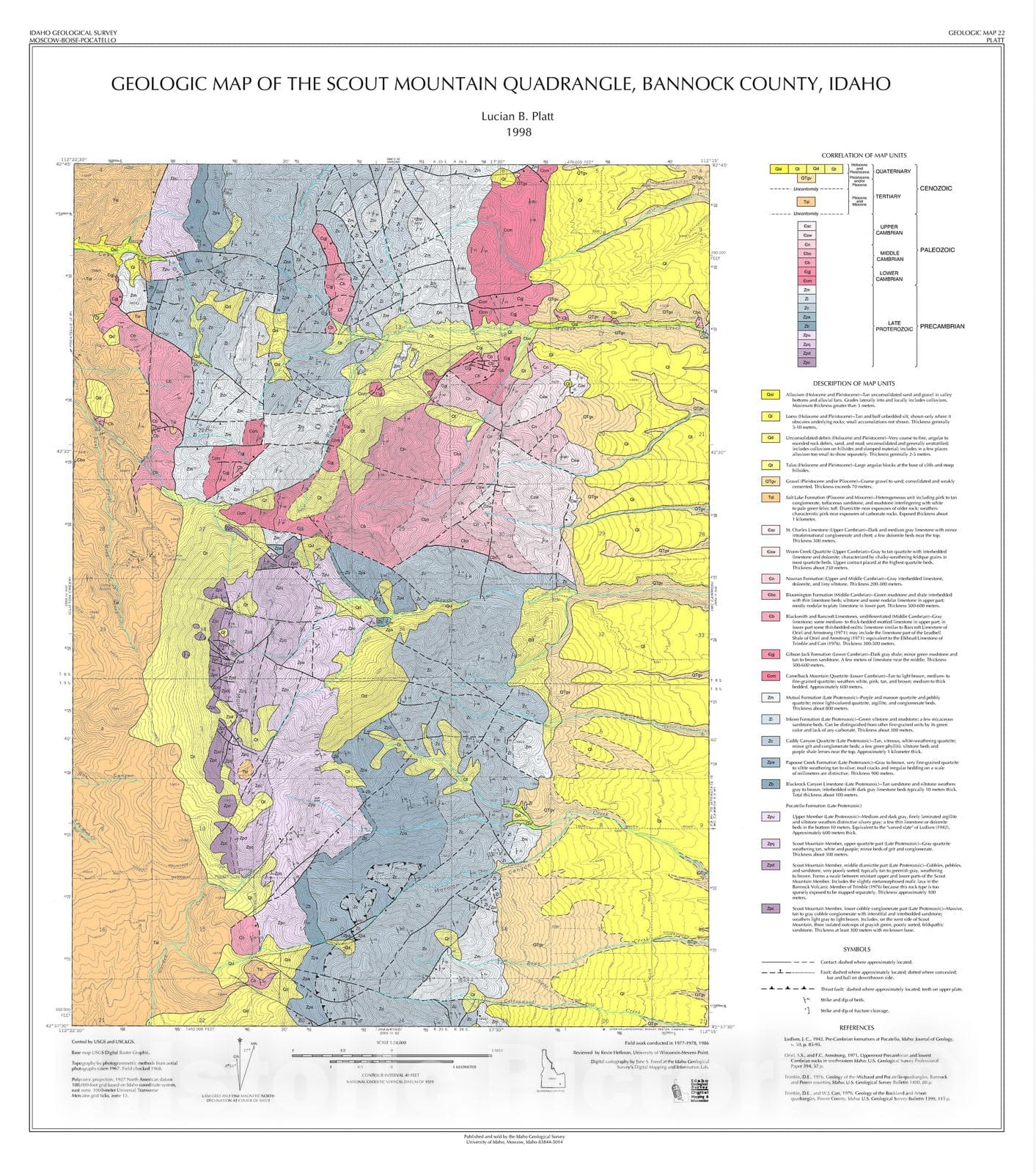 Map : Geologic map of the Scout Mountain quadrangle, Bannock County, Idaho, 1998 Cartography Wall Art :