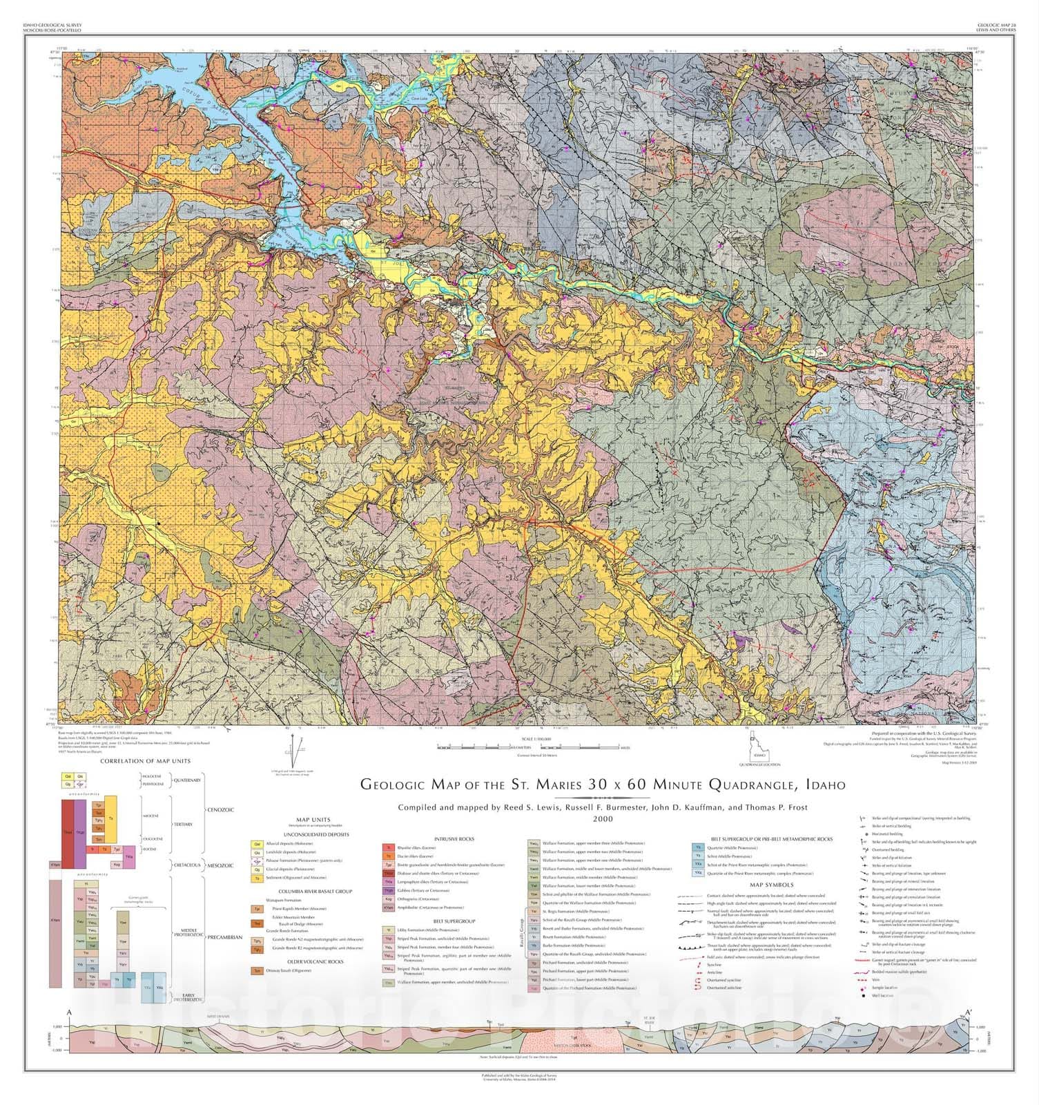 Map : Geologic map of the St. Maries thirty x sixty minute quadrangle, Idaho, 2001 Cartography Wall Art :