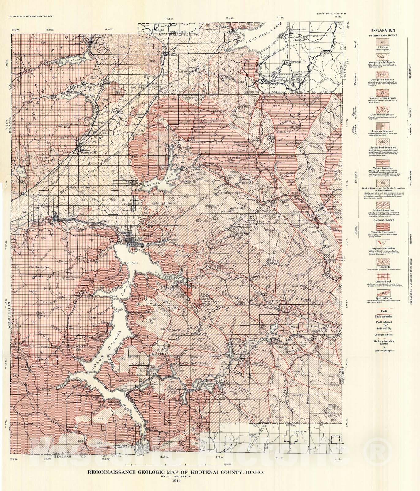 Map : Geology and metalliferous deposits of Kootenai County, Idaho, 1940 Cartography Wall Art :