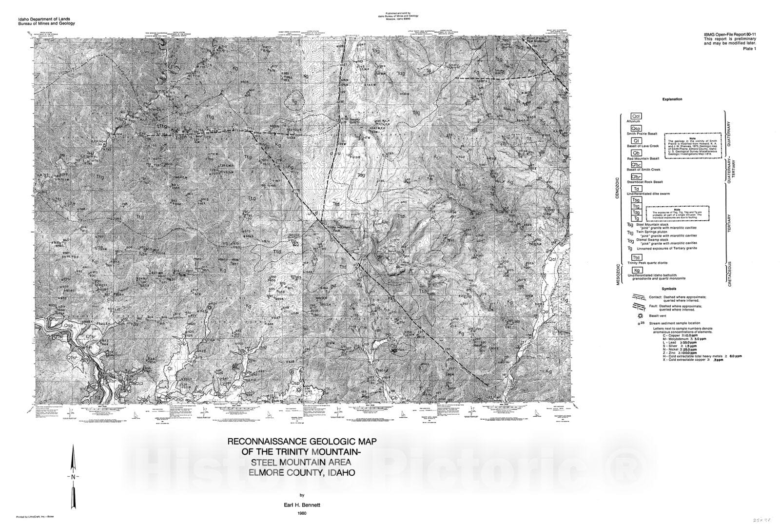 Map : Reconnaissance geology and geochemistry of the Trinity Mountain-Steel Mountain area, Elmore County, Idaho, 1980 Cartography Wall Art :