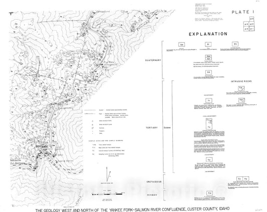 Map : The geology and geologic sections west and north of the Yankee Fork-Salmon River confluence, Custer County, Idaho, 1980 Cartography Wall Art :