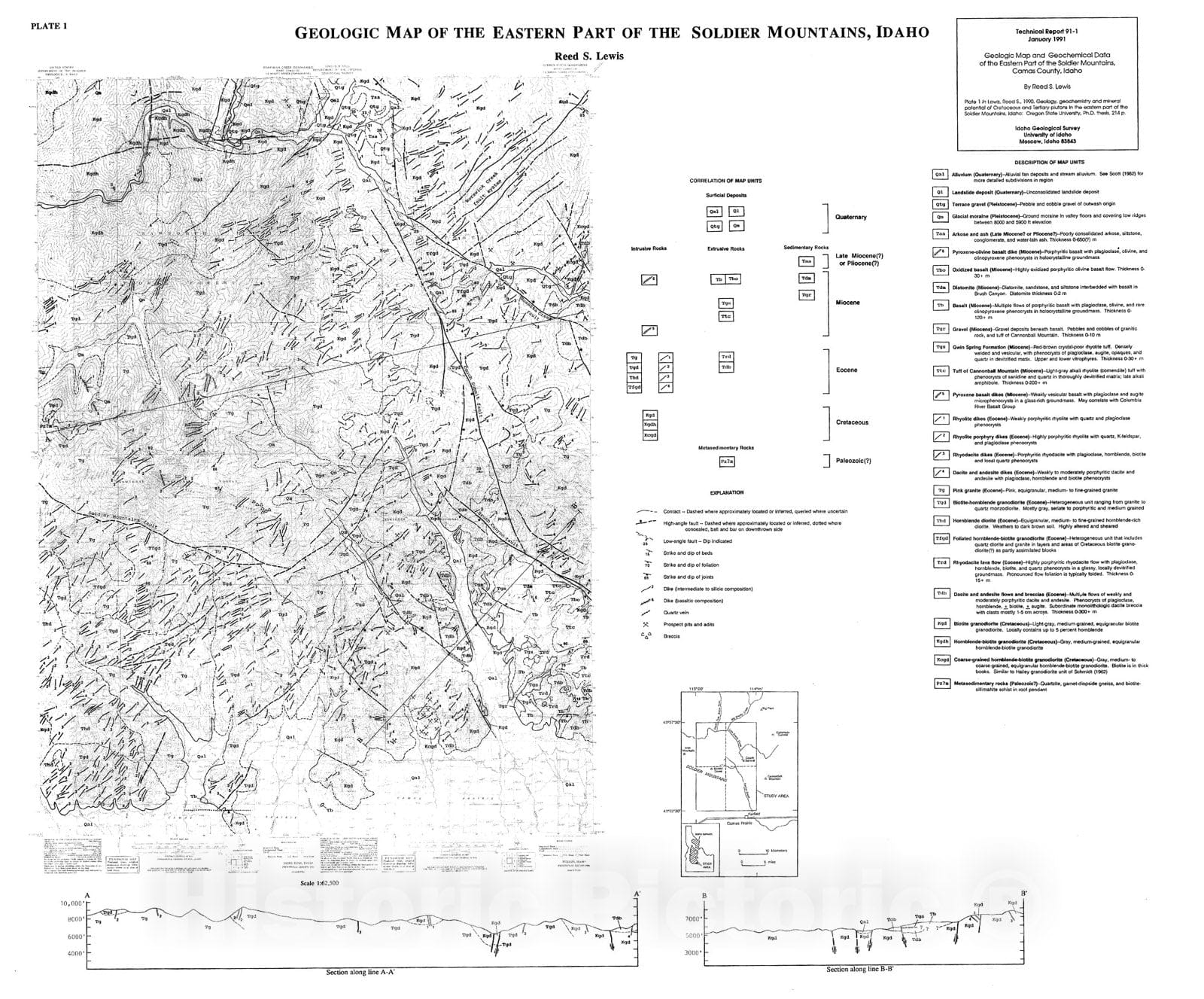 Map : Geologic map and geochemical data of the eastern part of the Soldier Mountains, Camas County, Idaho, 1991 Cartography Wall Art :