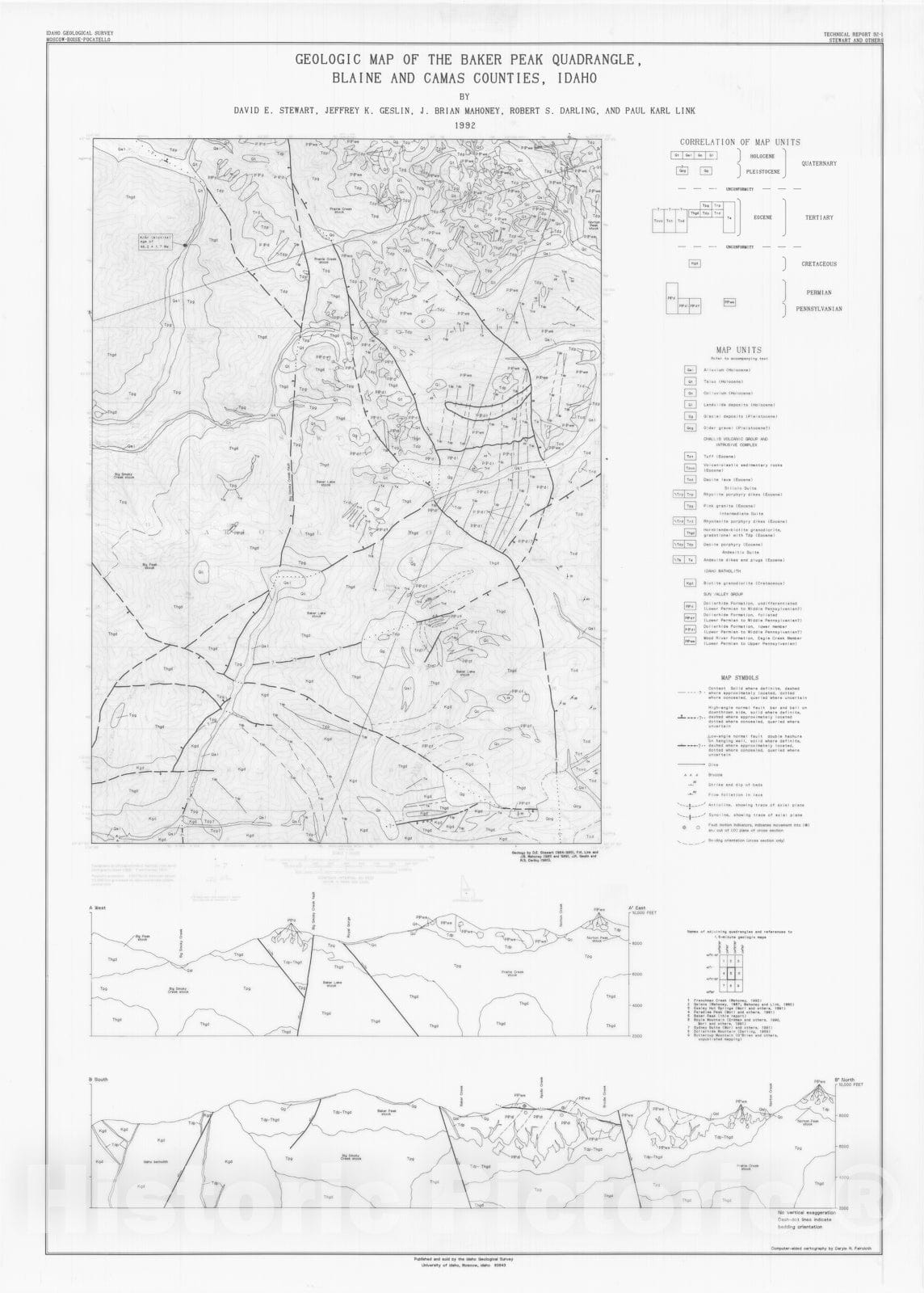 Map : Geologic map of the Baker Peak quadrangle, Blaine and Camas Counties, Idaho, 1992 Cartography Wall Art :