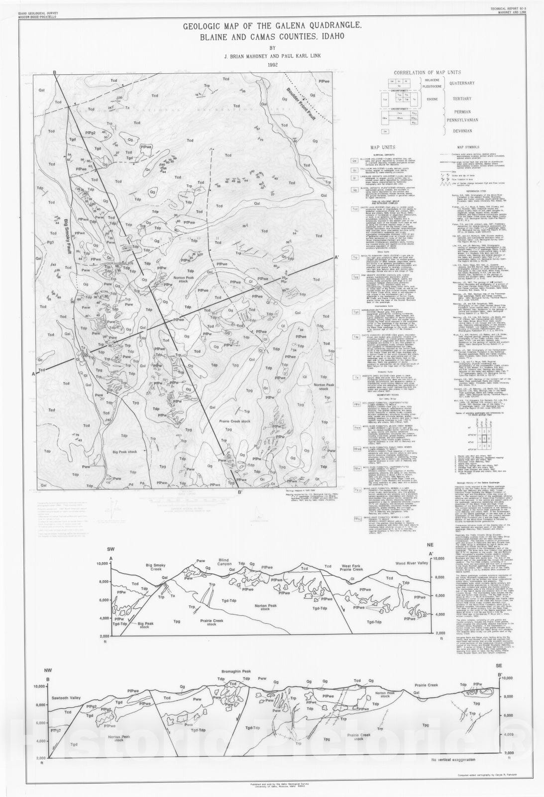 Map : Geologic map of the Galena quadrangle, Blaine and Camas Counties, Idaho, 1992 Cartography Wall Art :