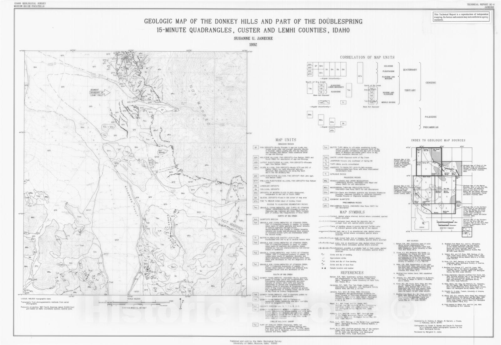 Map : Geologic map of the Donkey Hills and part of the Doublespring 15-minute quadrangles, Custer and Lemhi Counties, Idaho, 1992 Cartography Wall Art :