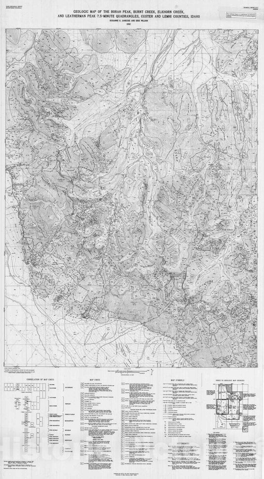 Map : Geologic map of the Borah Peak, Burnt Creek, Elkhorn Creek, and Leatherman Peak 7.5-minute quadrangles, Custer and Lemhi Counties, Idaho, 1992 Cartography Wall Art :