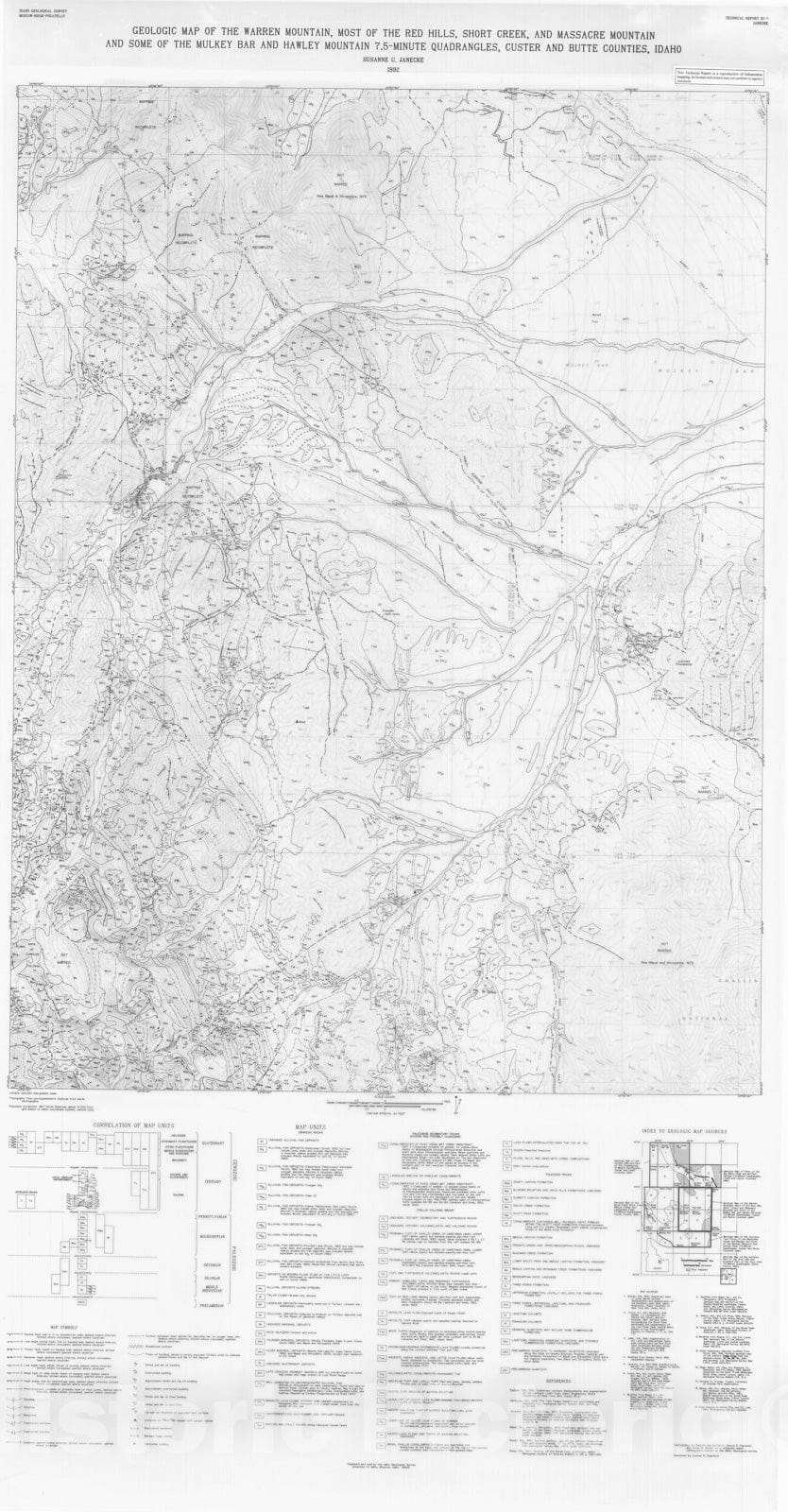 Map : Geologic map of the Warren Mountain, most of the Red Hills, Short Creek, and Massacre Mountain and some of the Mulkey Bar and Hawl, 1992 Cartography Wall Art :