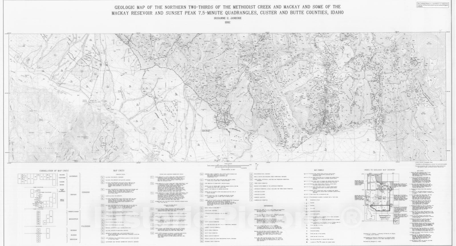 Map : Geologic map of the northern two-thirds of the Methodist Creek and Mackay and some of the Mackay Reservoir and Sunset Peak 7.5-min, 1992 Cartography Wall Art :