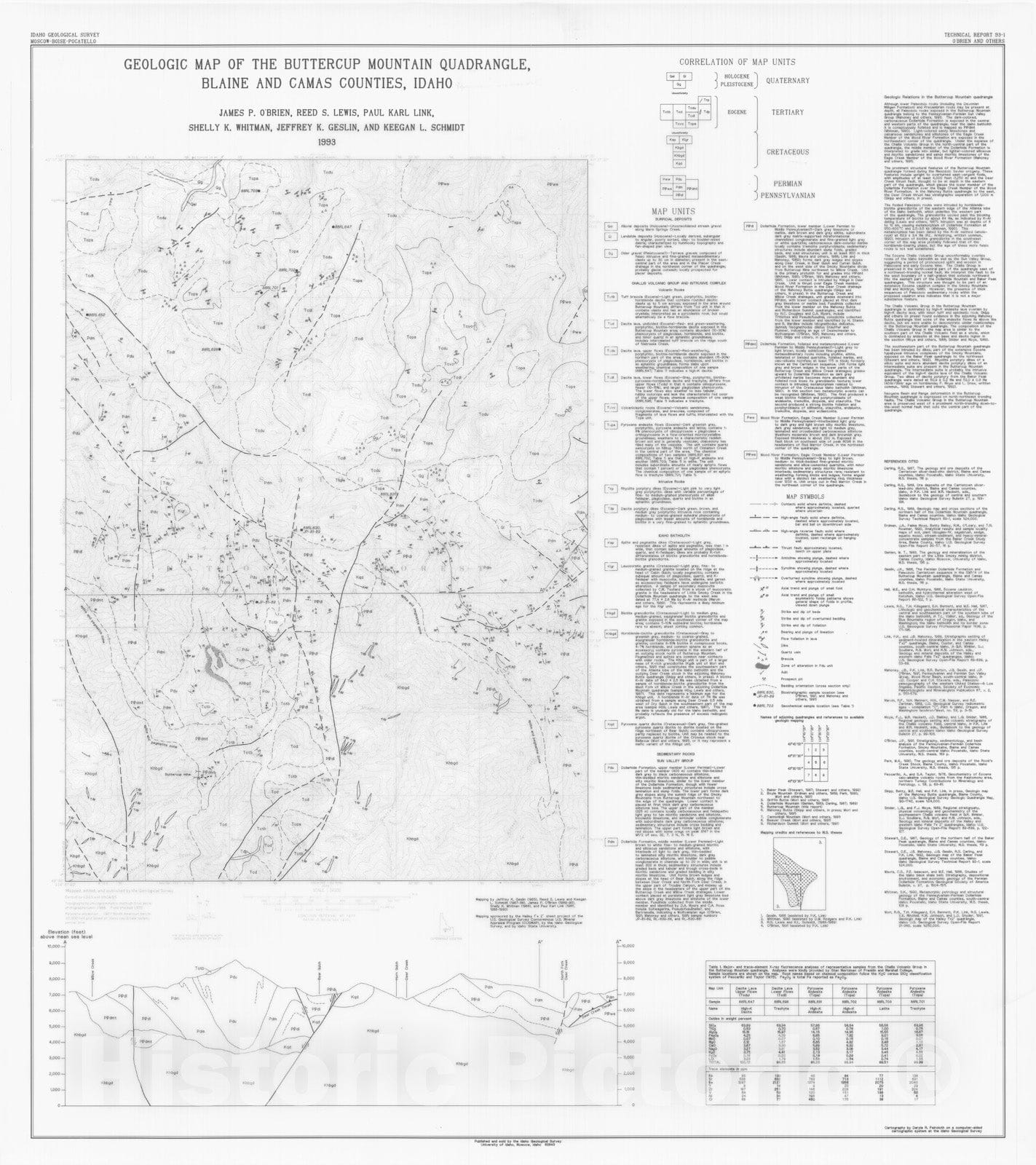 Map : Geologic map of the Buttercup Mountain quadrangle, Blaine and Camas Counties, Idaho, 1993 Cartography Wall Art :