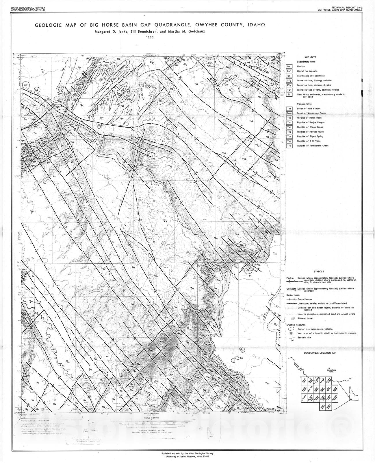Map : Geologic map of the Big Horse Basin Gap quadrangle, Owyhee County, Idaho, 1993 Cartography Wall Art :
