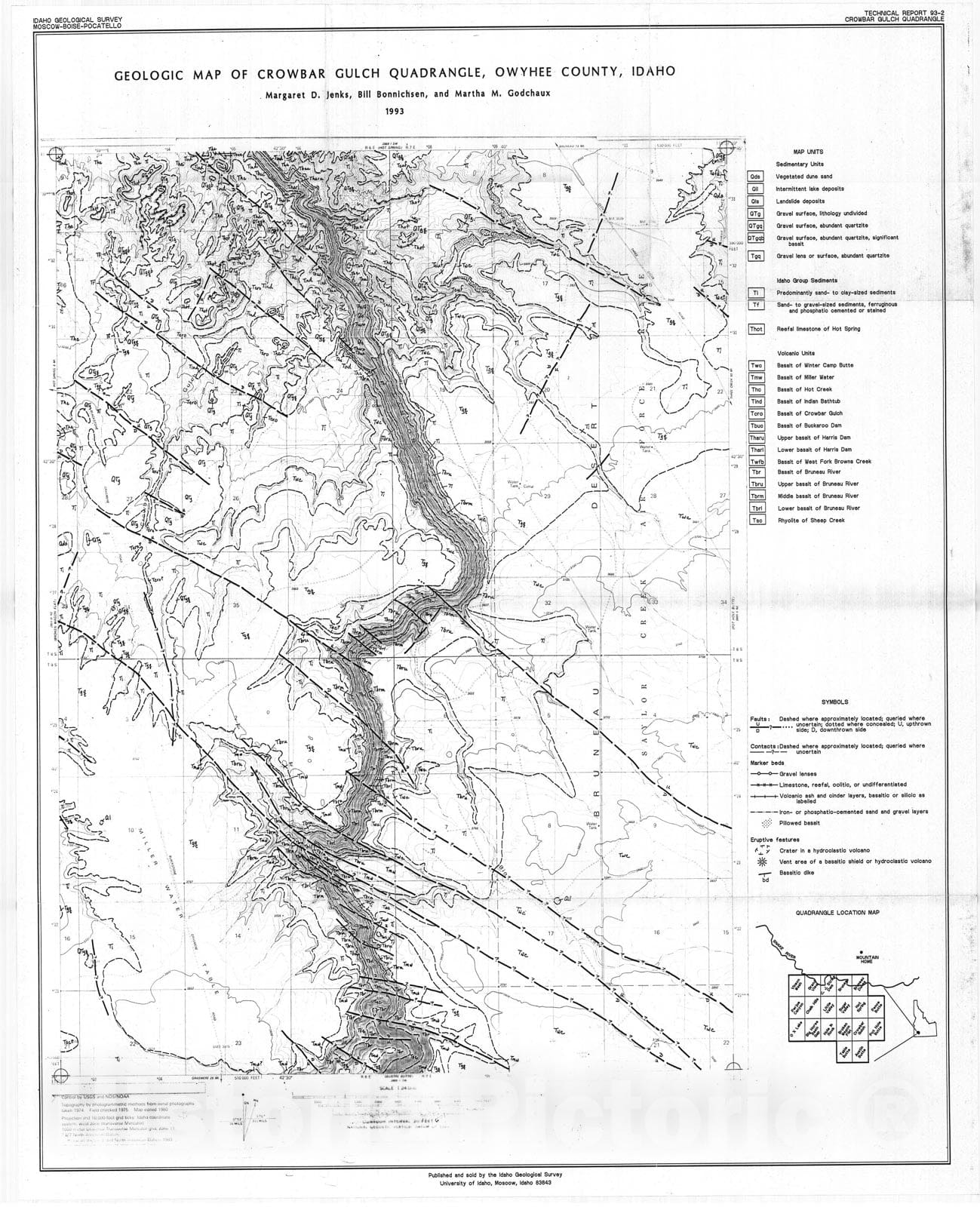 Map : Geologic map of Crowbar Gulch quadrangle, Owyhee County, Idaho, 1993 Cartography Wall Art :