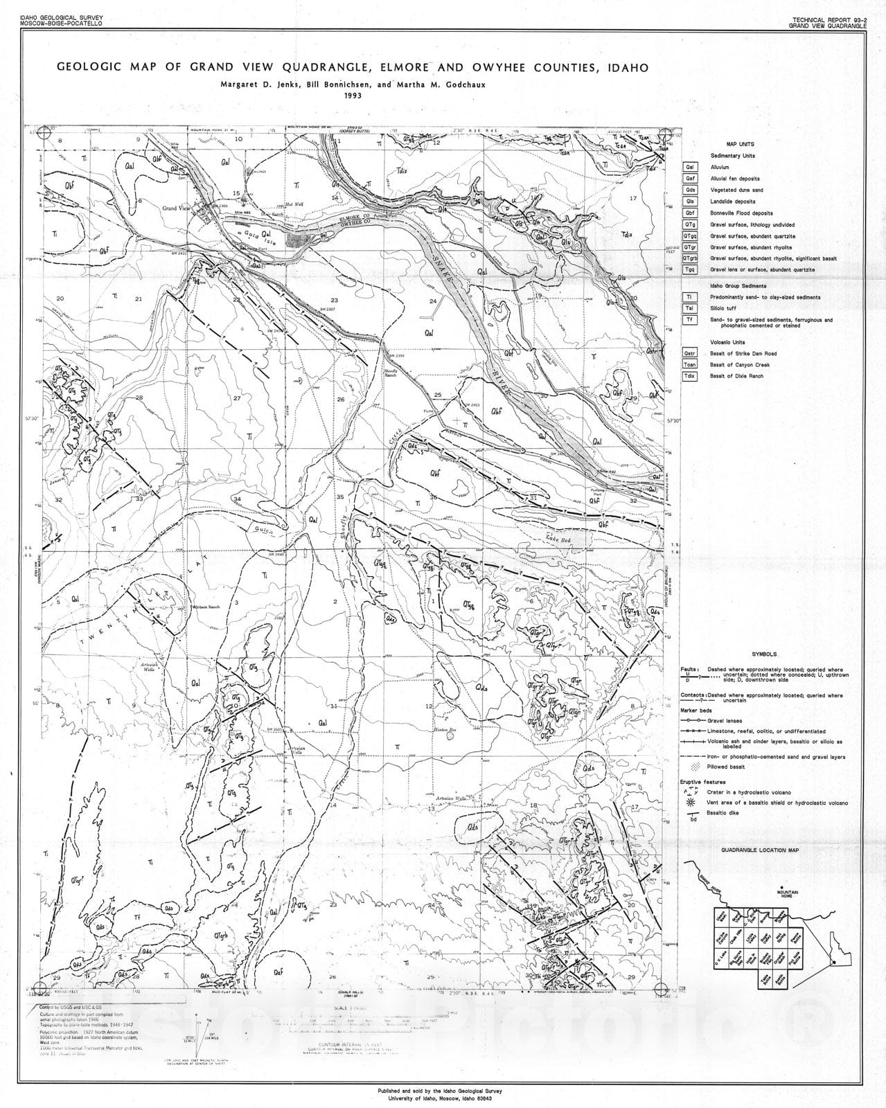 Map : Geologic map of Grand View quadrangle, Elmore and Owyhee Counties, Idaho, 1993 Cartography Wall Art :