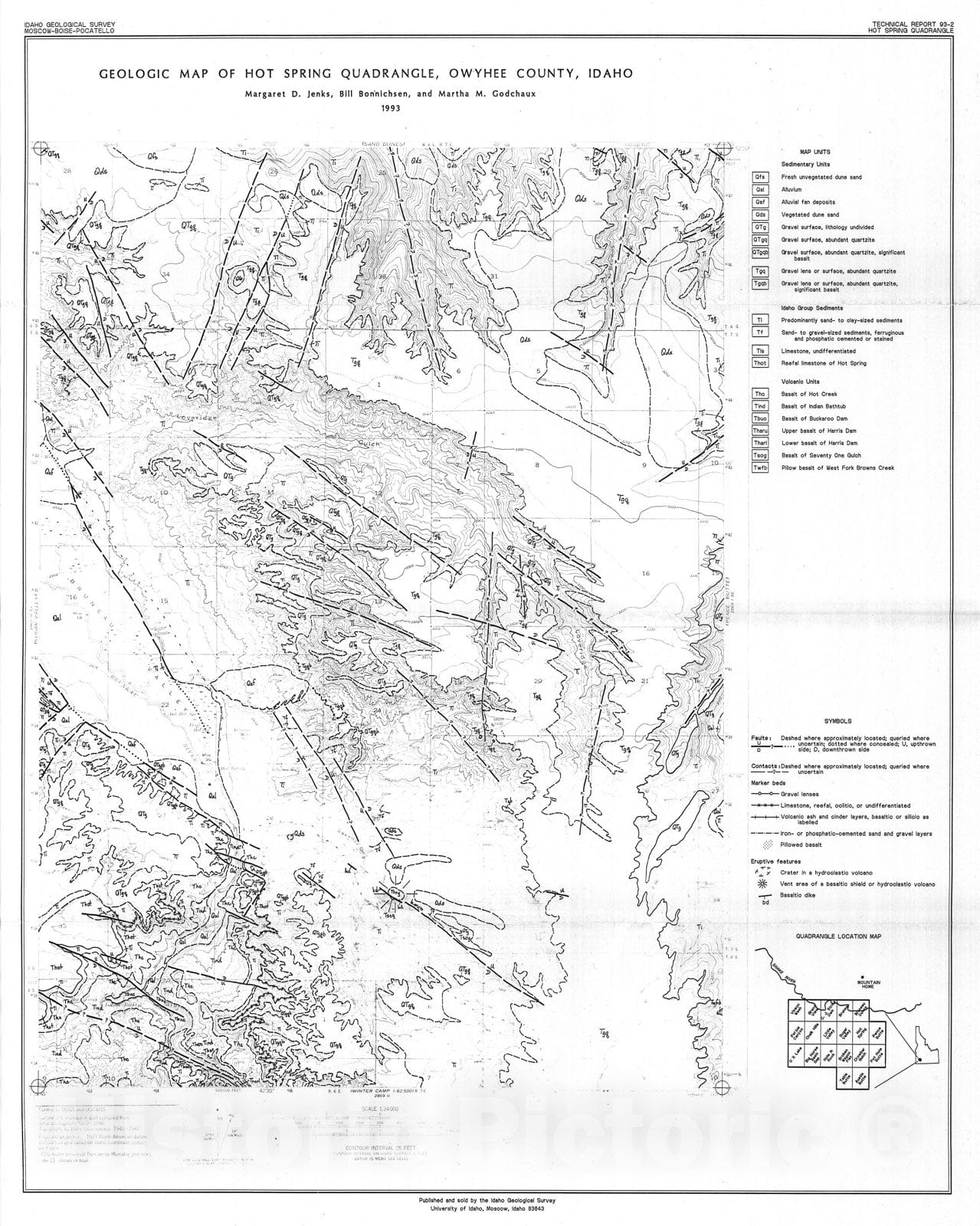 Map : Geologic map of Hot Spring quadrangle, Owyhee County, Idaho, 1993 Cartography Wall Art :