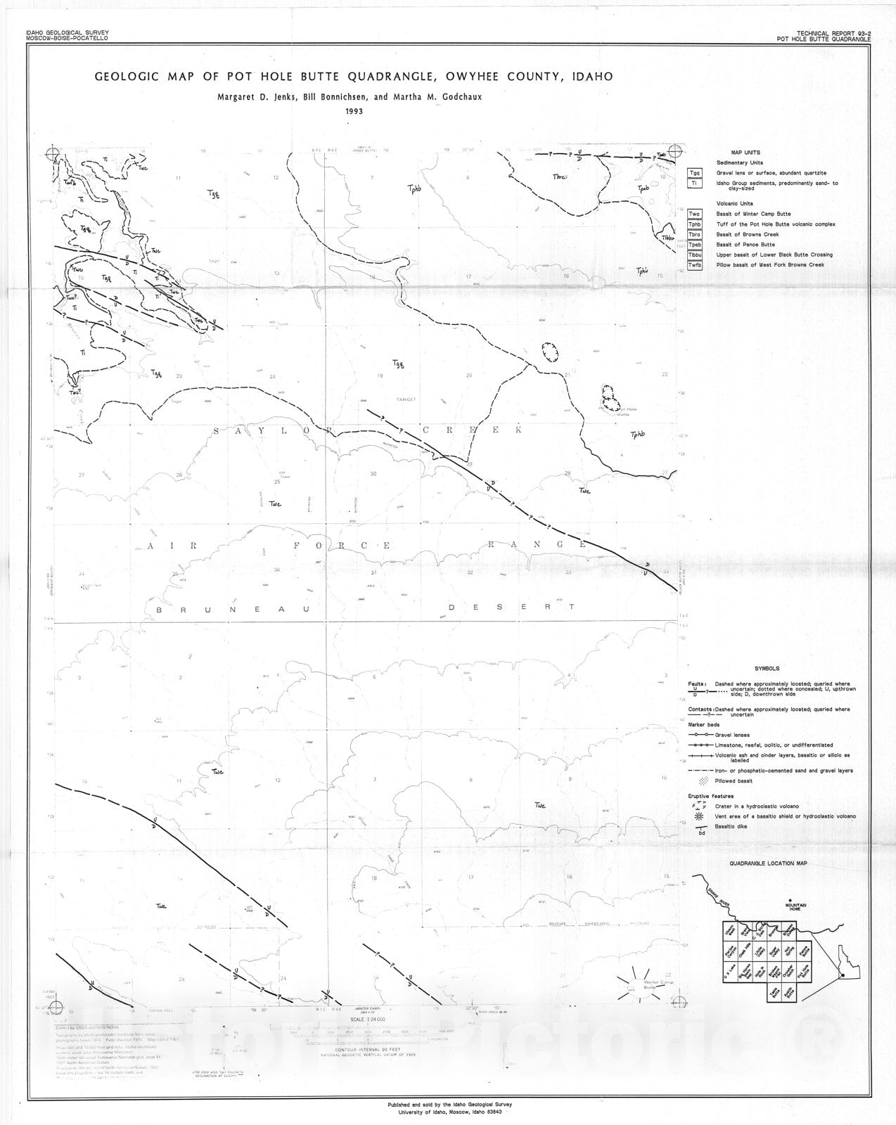 Map : Geologic map of Pot Hole Butte quadrangle, Owyhee County, Idaho, 1993 Cartography Wall Art :