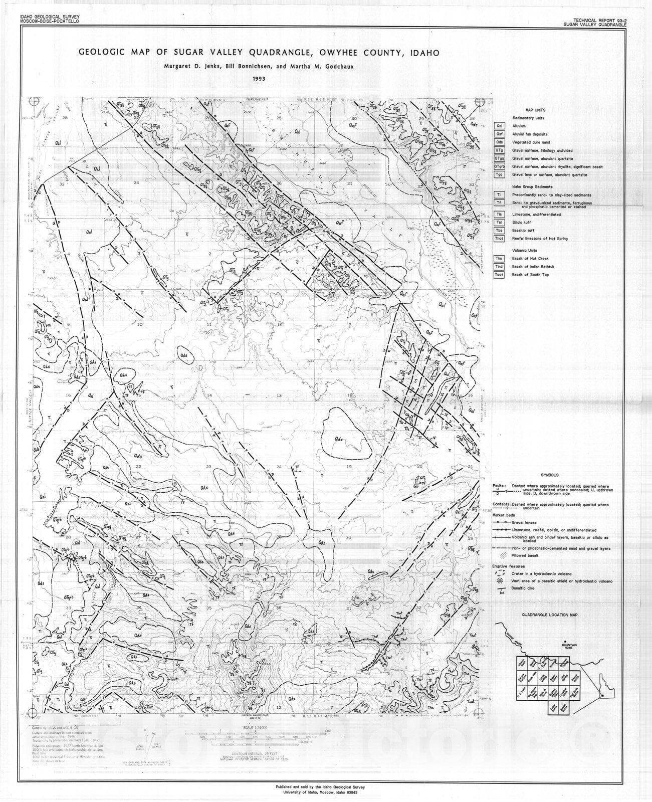 Map : Geologic map of Sugar Valley quadrangle, Owyhee County, Idaho, 1993 Cartography Wall Art :