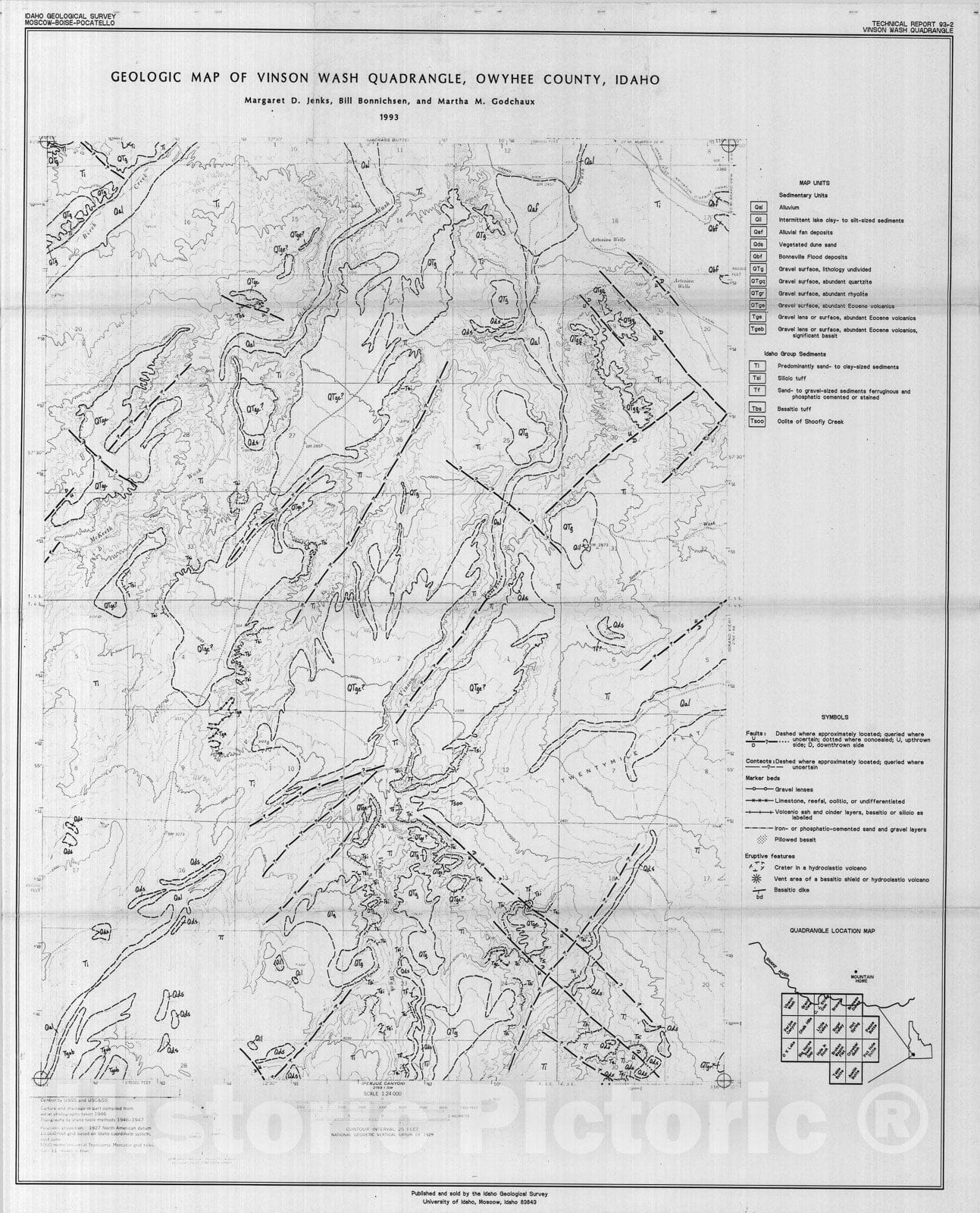 Map : Geologic map of Vinson Wash quadrangle, Owyhee County, Idaho, 1993 Cartography Wall Art :