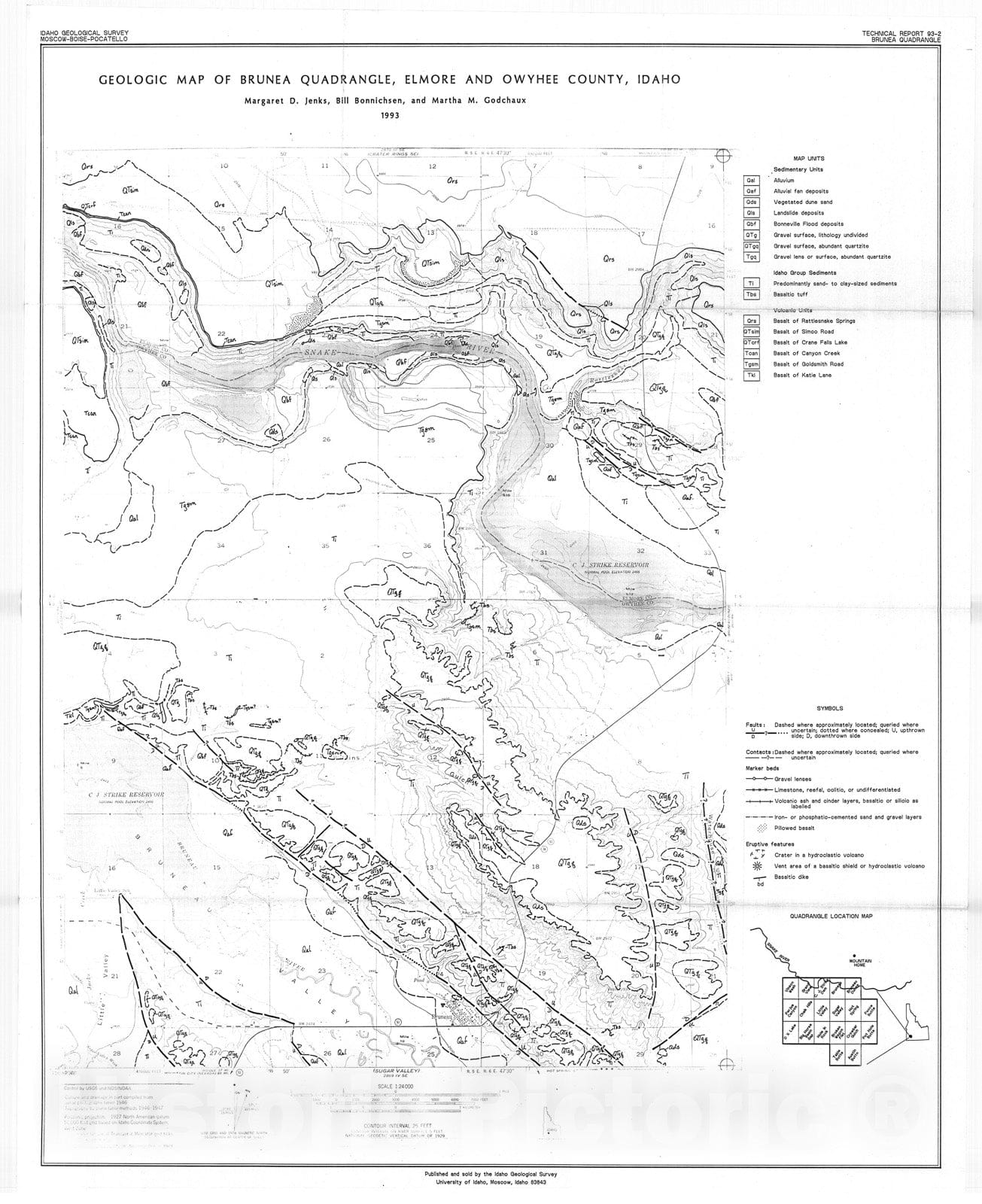Map : Geologic map of Brunea quadrangle, Elmore and Owyhee County, Idaho, 1993 Cartography Wall Art :