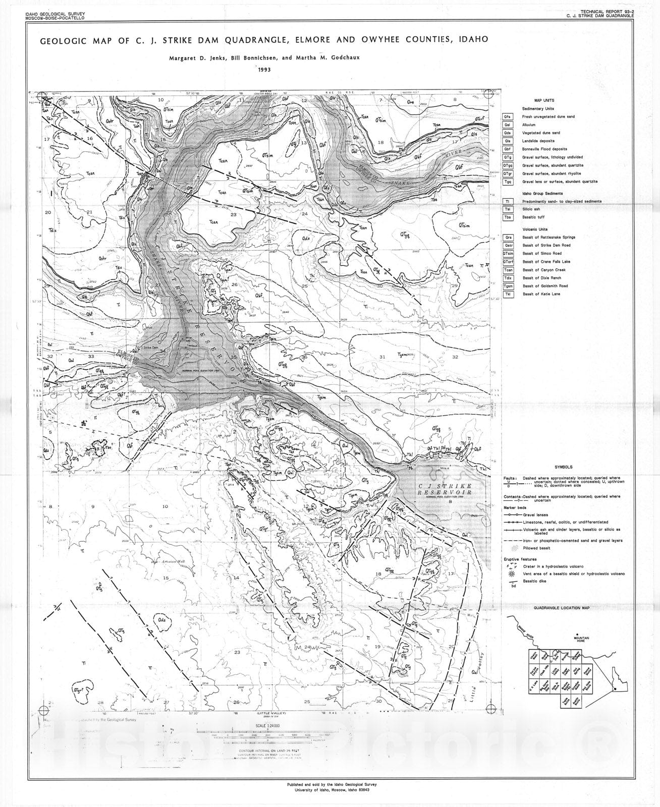Map : Geologic map of C.J. Strike Dam quadrangle, Elmore and Owyhee Counties, Idaho, 1993 Cartography Wall Art :